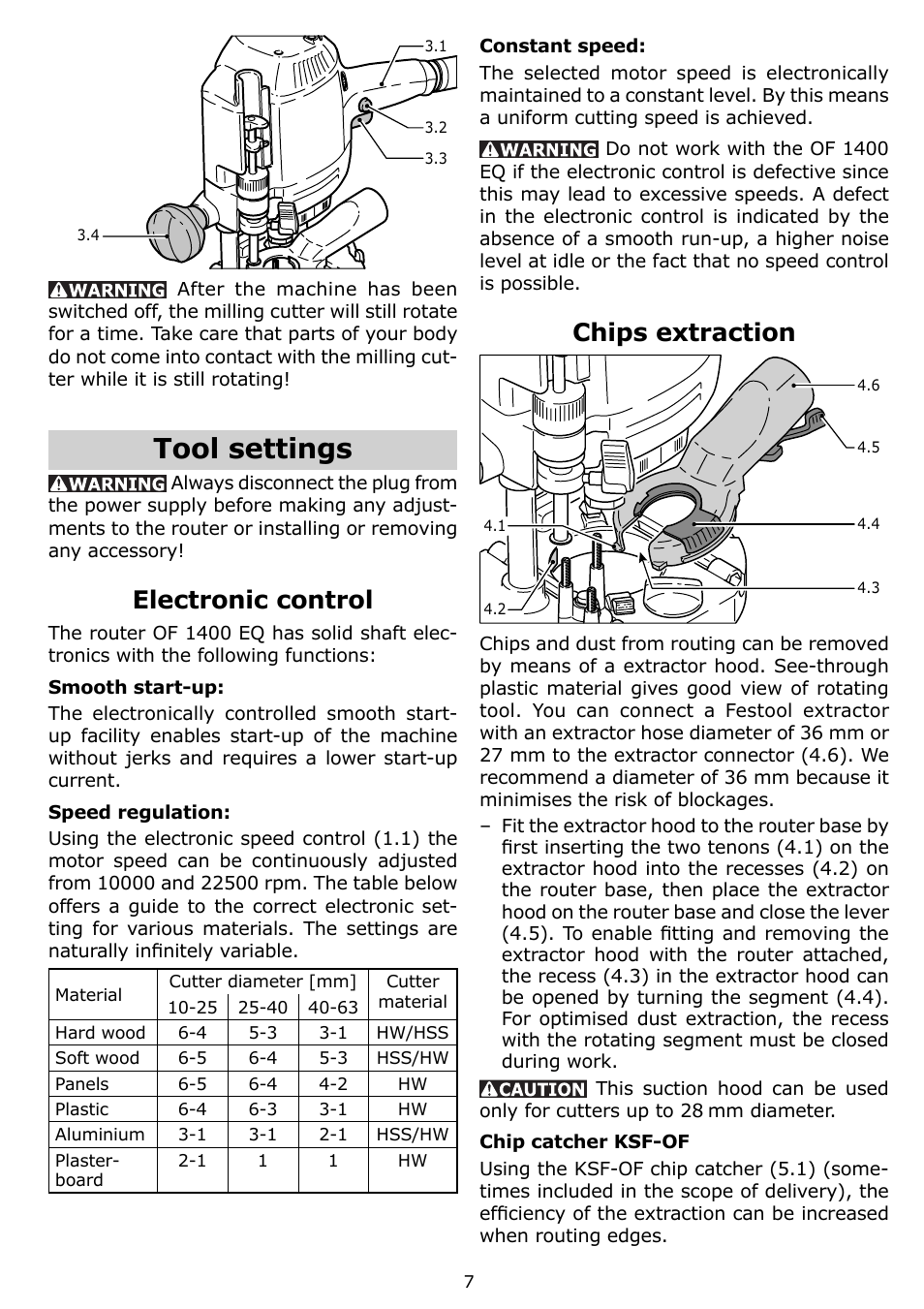 Tool settings, Electronic control, Chips extraction | Festool OF 1400 EQ User Manual | Page 7 / 34