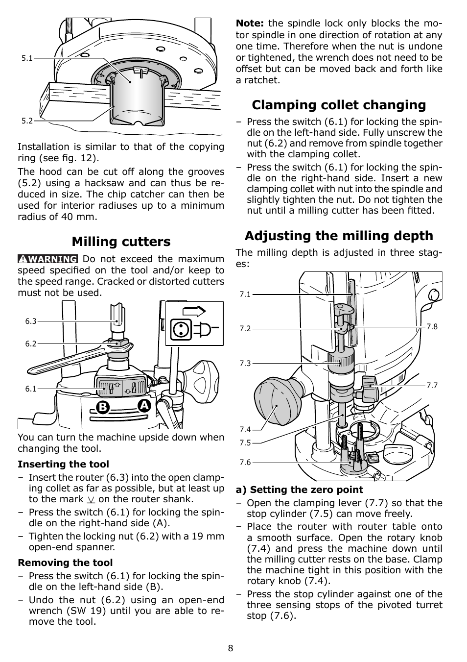 Milling cutters, Clamping collet changing, Adjusting the milling depth | Festool OF 1400 EQ User Manual | Page 8 / 34