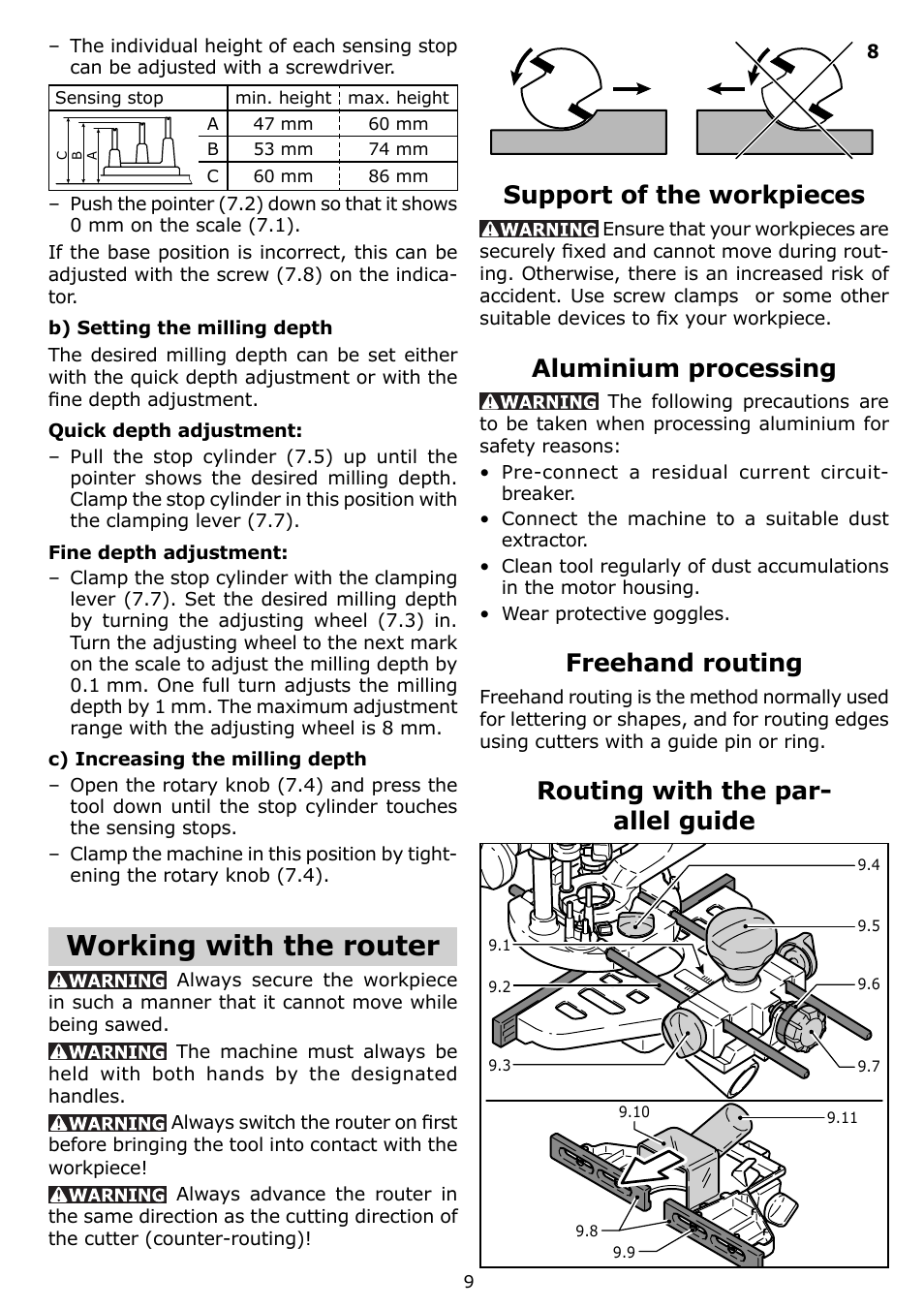 Working with the router, Support of the workpieces, Aluminium processing | Freehand routing, Routing with the par- allel guide | Festool OF 1400 EQ User Manual | Page 9 / 34