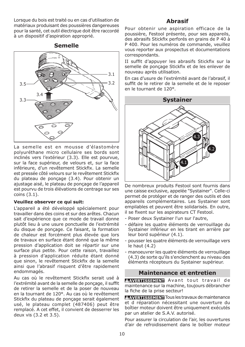 Semelle, Abrasif, Systainer | Maintenance et entretien | Festool DELTEX DX 93 E User Manual | Page 10 / 16
