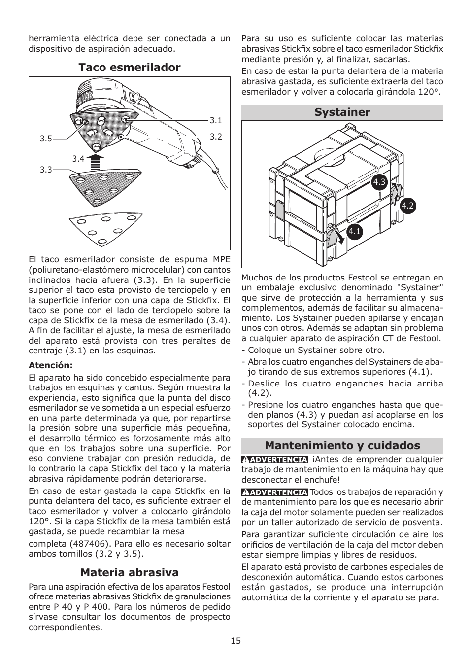 Taco esmerilador, Materia abrasiva, Systainer | Mantenimiento y cuidados | Festool DELTEX DX 93 E User Manual | Page 15 / 16