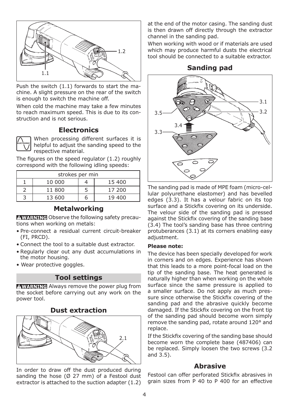 Electronics, Metalworking, Tool settings | Dust extraction, Sanding pad, Abrasive | Festool DELTEX DX 93 E User Manual | Page 4 / 16