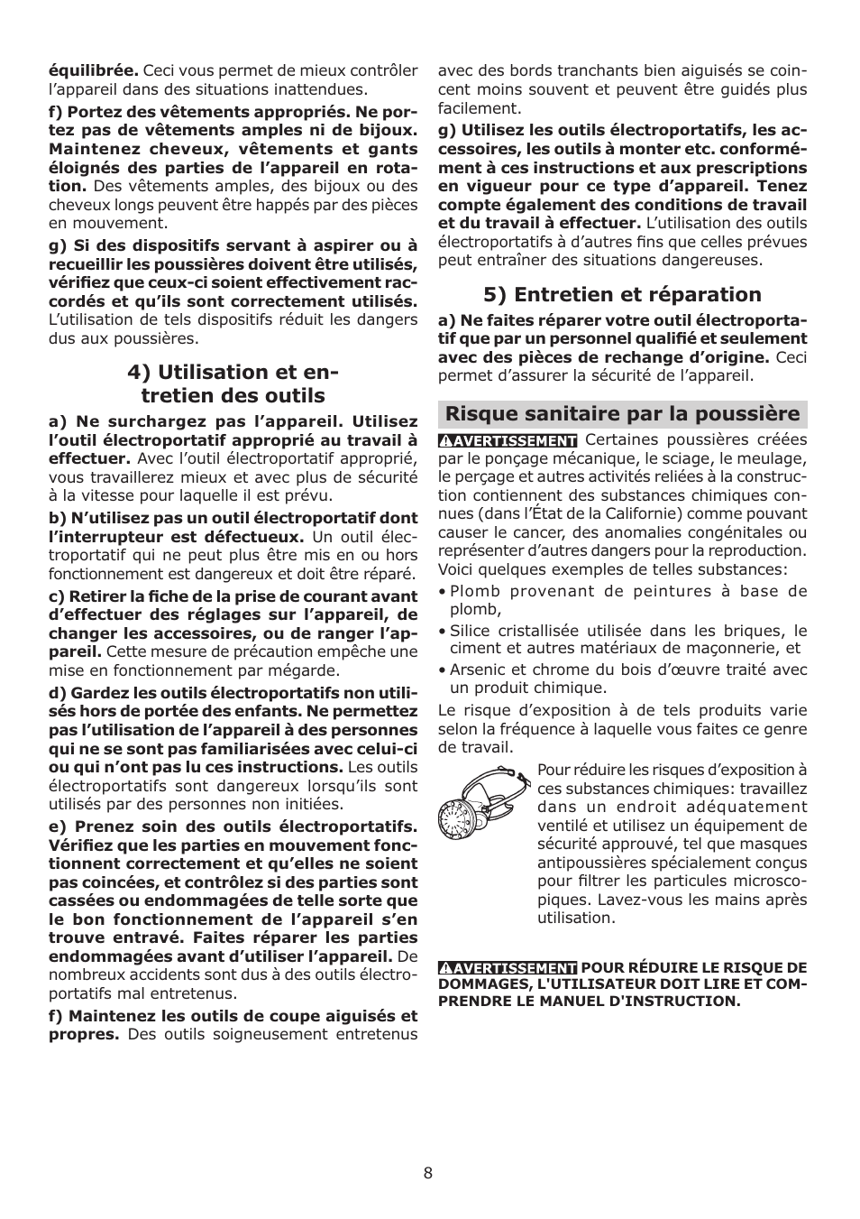 4) utilisation et en- tretien des outils, 5) entretien et réparation, Risque sanitaire par la poussière | Festool DELTEX DX 93 E User Manual | Page 8 / 16