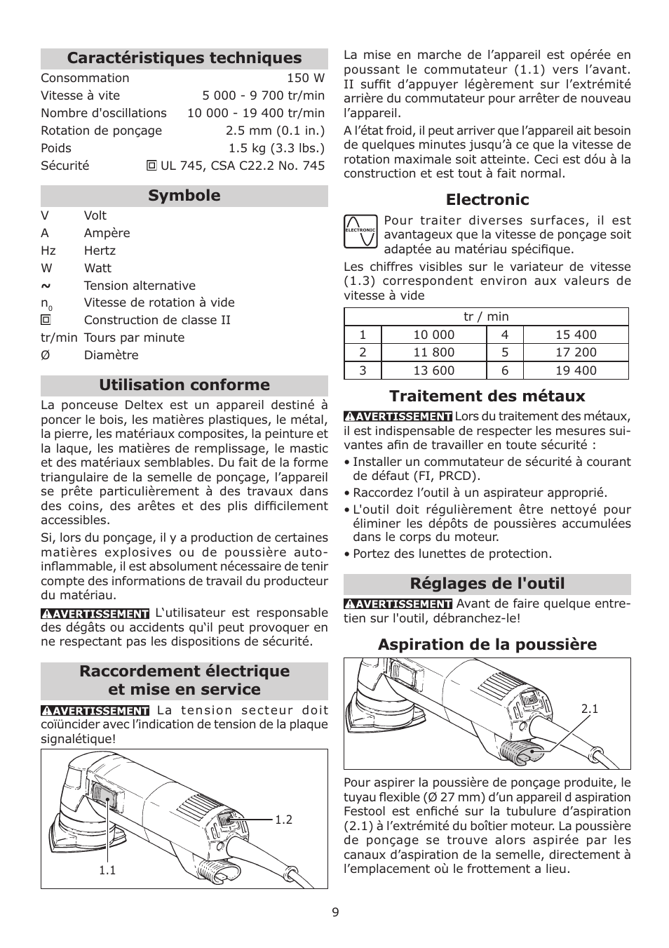 Caractéristiques techniques, Symbole, Utilisation conforme | Raccordement électrique et mise en service, Electronic, Traitement des métaux, Réglages de l'outil, Aspiration de la poussière | Festool DELTEX DX 93 E User Manual | Page 9 / 16