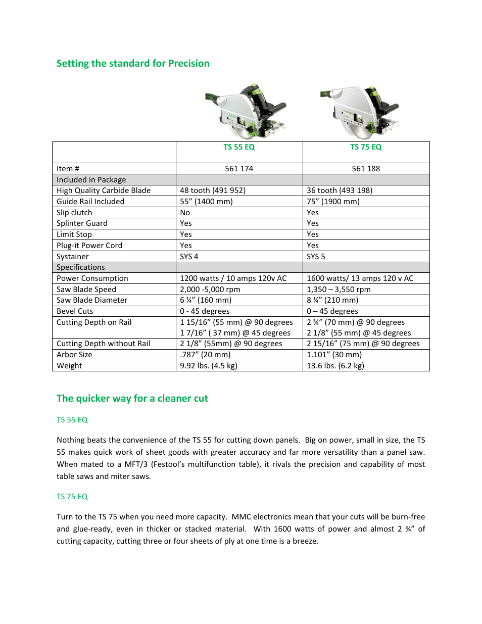 Setting the standard for precision, The quicker way for a cleaner cut | Festool TS 55 EQ User Manual | Page 11 / 14