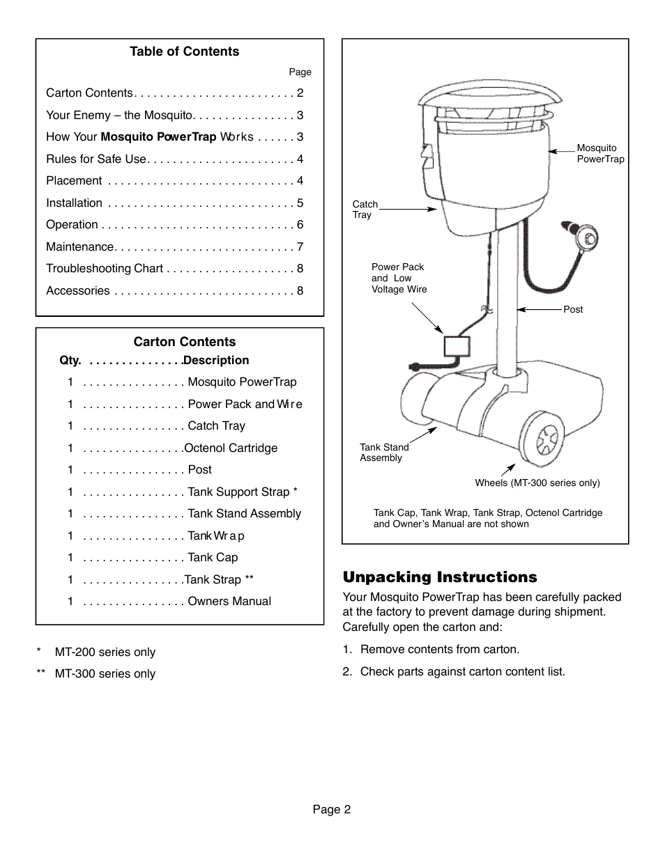 Unpacking instructions | Flowtron Outdoor Products Mosquito PowerTrap MT-200 Series User Manual | Page 2 / 8
