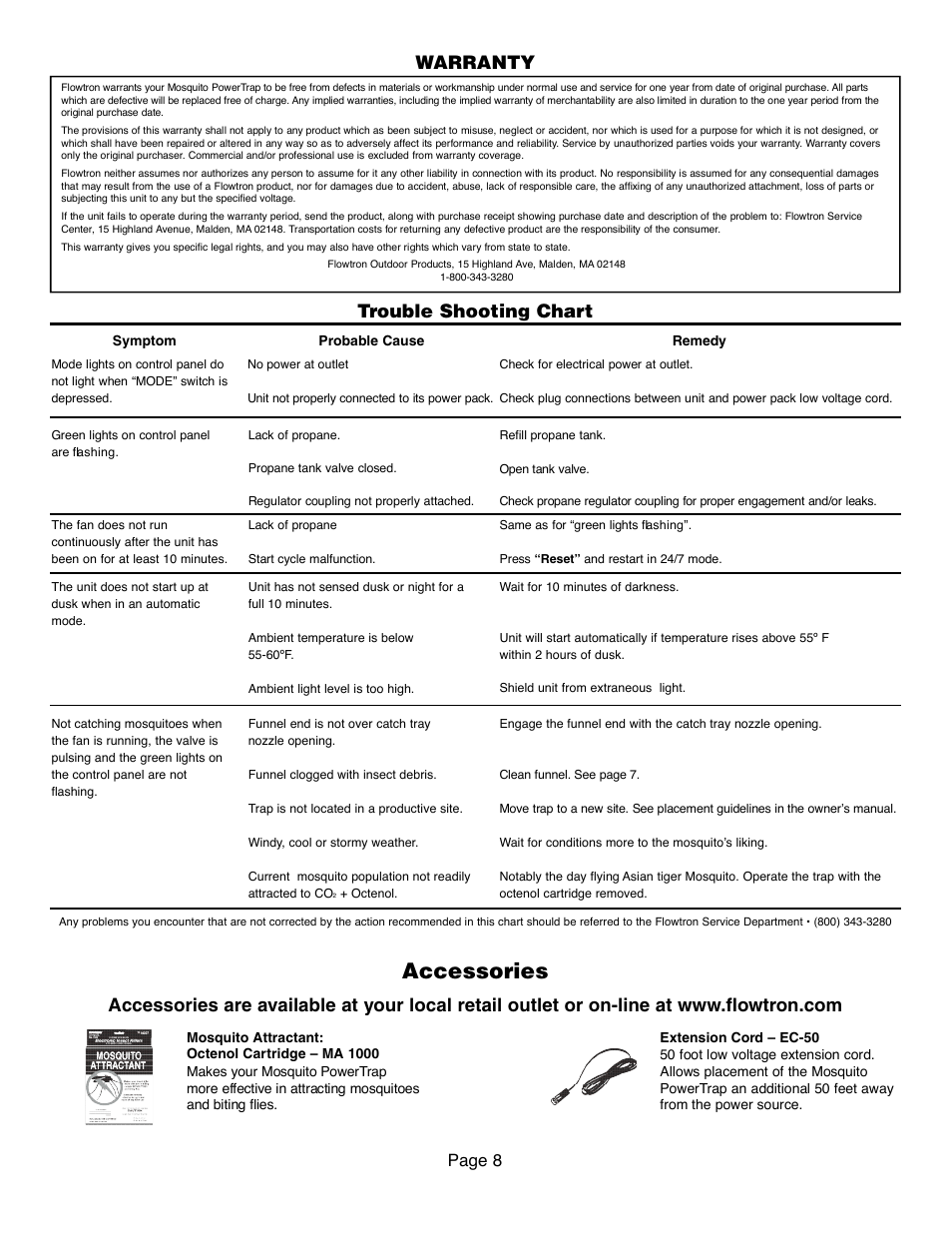 Accessories, Trouble shooting chart, Warranty | Page 8 | Flowtron Outdoor Products Mosquito PowerTrap MT-200 Series User Manual | Page 8 / 8