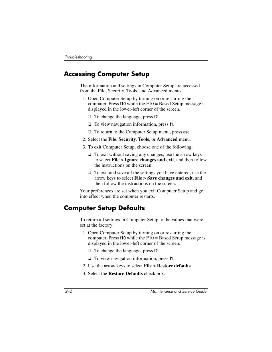 Accessing computer setup, Computer setup defaults | FHP DV1400 User Manual | Page 44 / 258