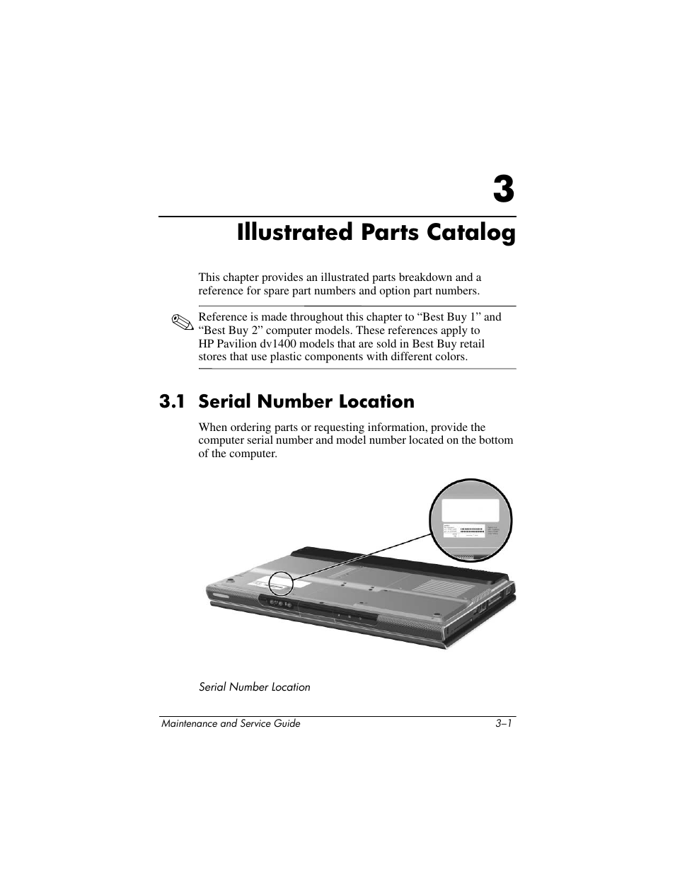 Illustrated parts catalog, 1 serial number location, 3 illustrated parts catalog | 1 serial number location –1, Chapter 3, “illustrated parts catalog | FHP DV1400 User Manual | Page 71 / 258