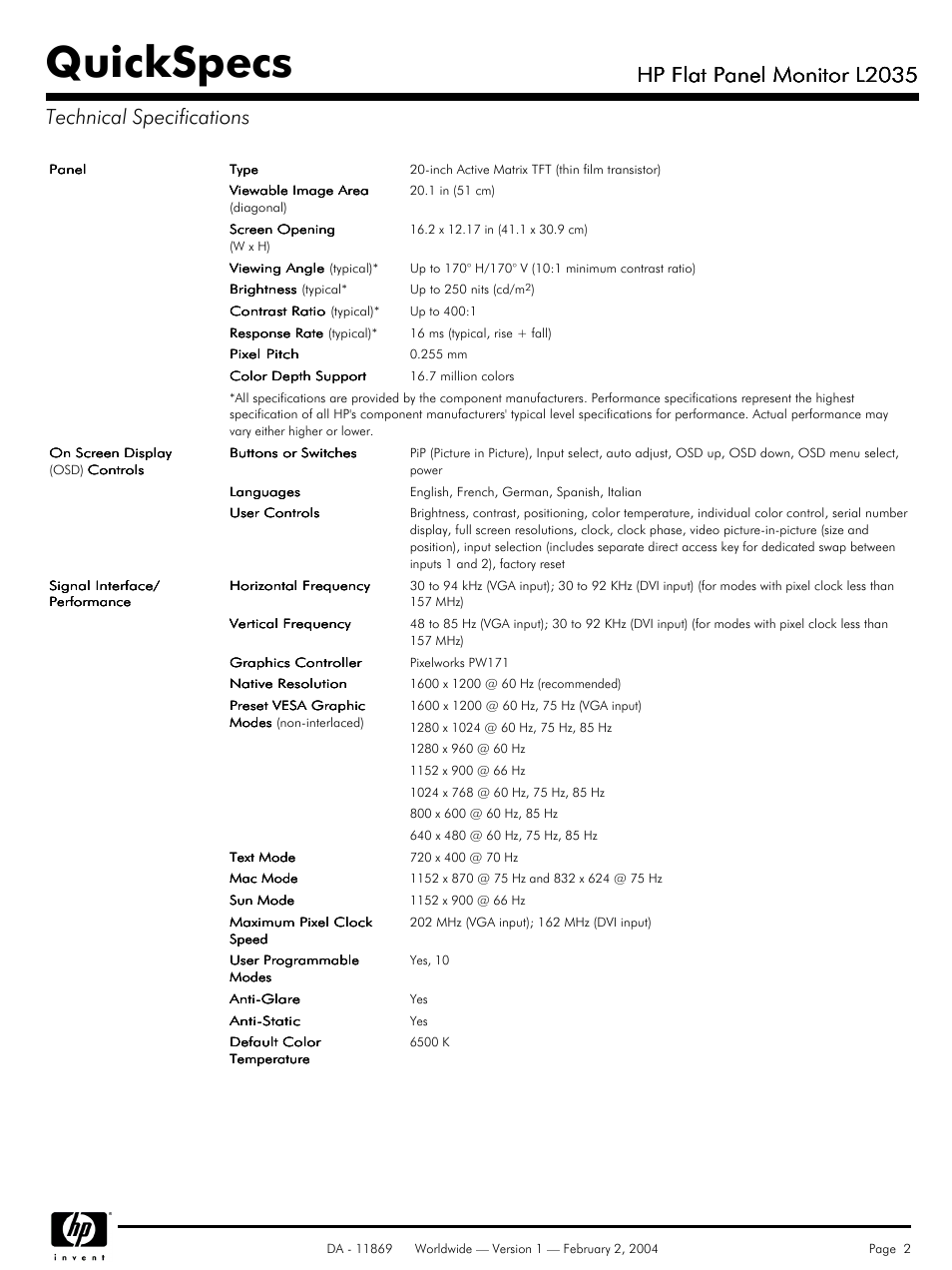 Technical specifications, Quickspecs, Hp flat panel monitor l2035 | FHP L2035 User Manual | Page 2 / 4