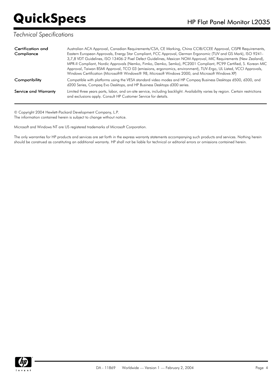 Quickspecs, Hp flat panel monitor l2035 | FHP L2035 User Manual | Page 4 / 4