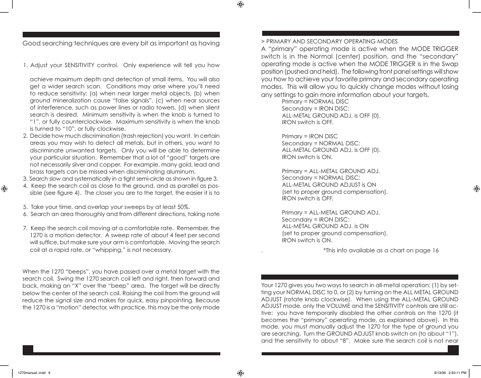 All metal mode, Search techniques | Fisher 1270 User Manual | Page 9 / 10