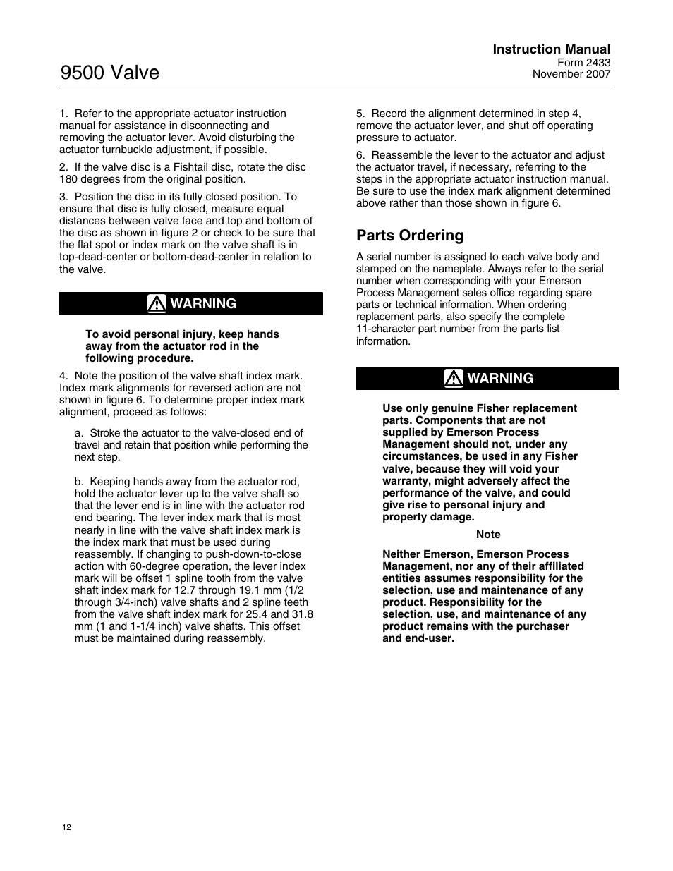 9500 valve, Parts ordering | Fisher 9500 User Manual | Page 12 / 16