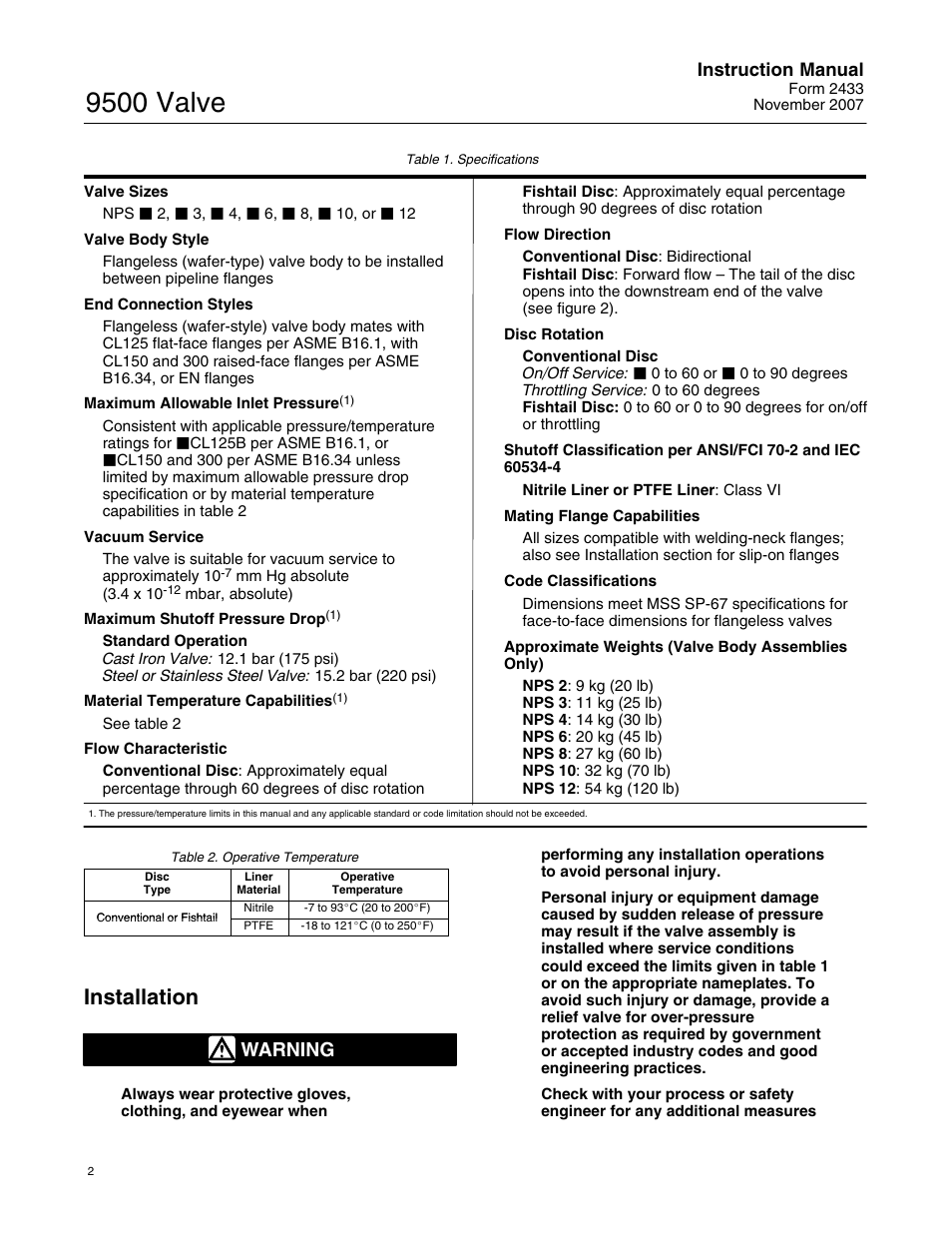 9500 valve, Installation, Warning | Instruction manual | Fisher 9500 User Manual | Page 2 / 16