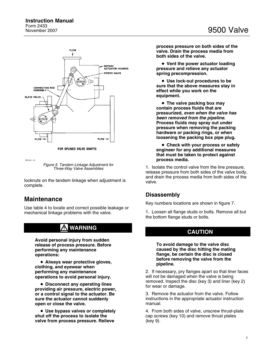 9500 valve, Maintenance, Warning | Disassembly, Caution | Fisher 9500 User Manual | Page 7 / 16