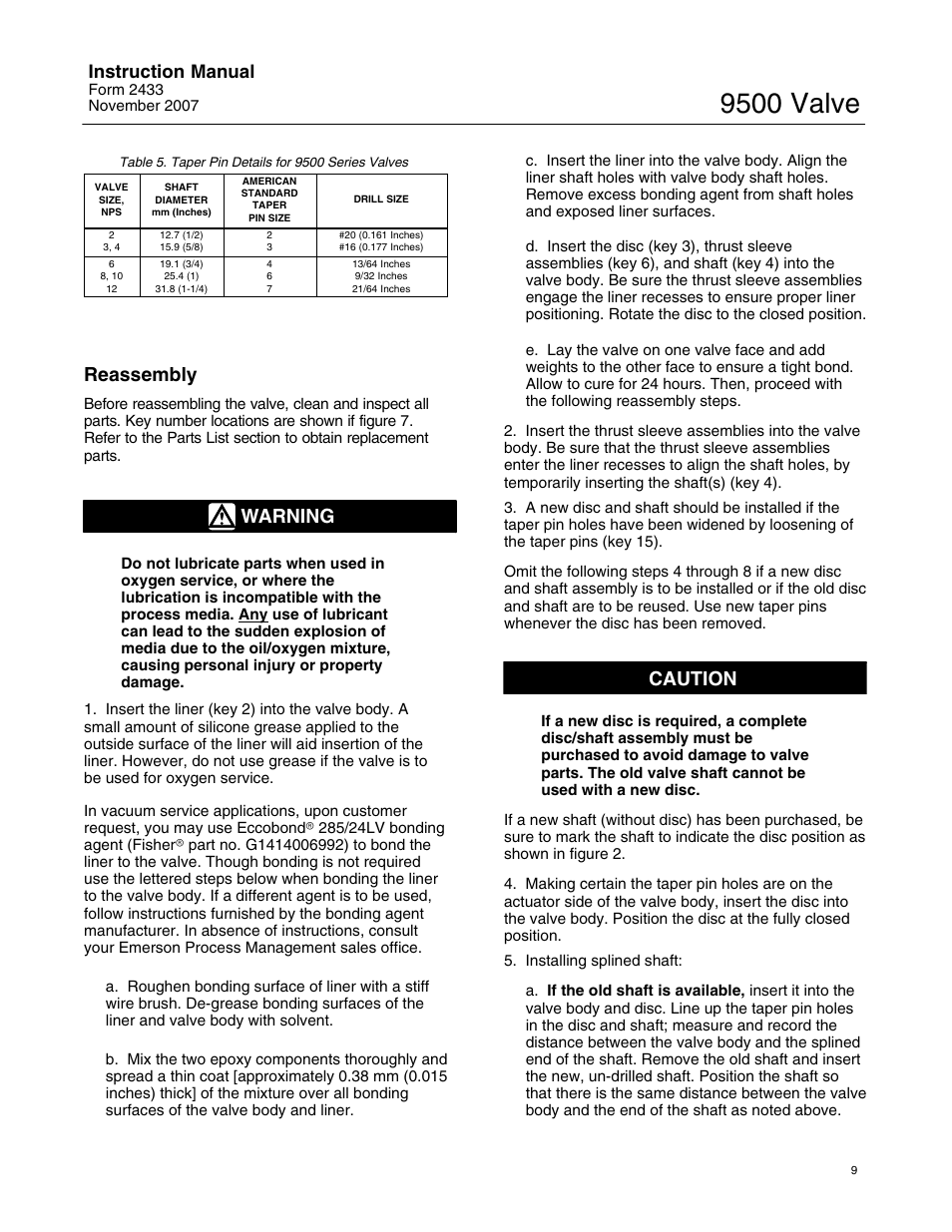 9500 valve, Reassembly, Warning | Caution, Instruction manual | Fisher 9500 User Manual | Page 9 / 16