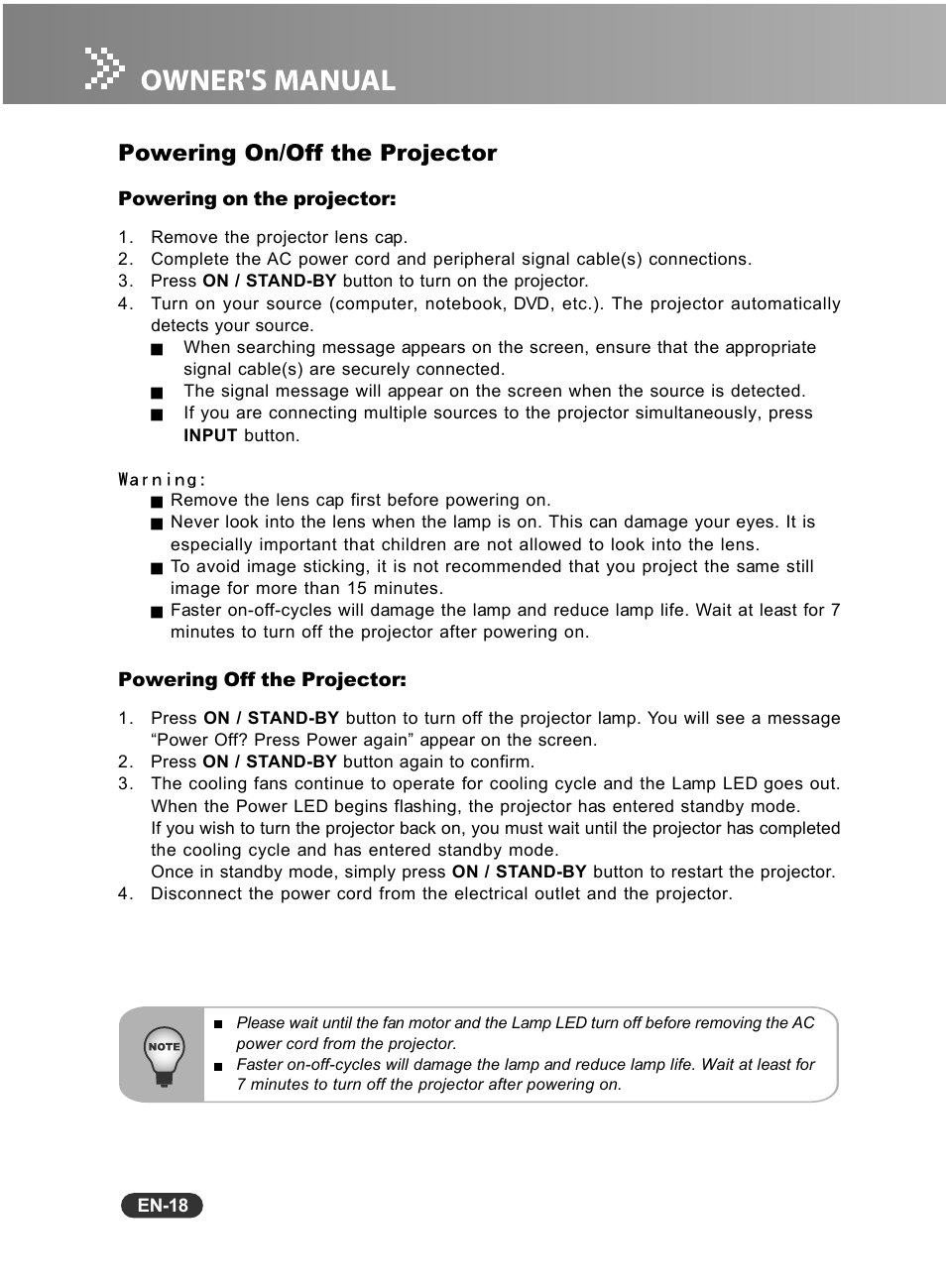 Powering on/off the projector | Fisher PLC-WXU10N User Manual | Page 19 / 42