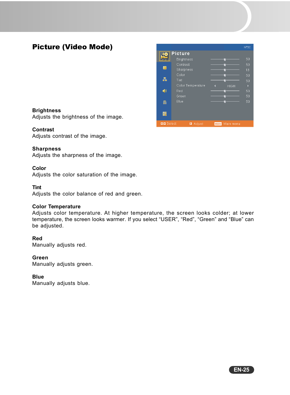 Picture (video mode) | Fisher PLC-WXU10N User Manual | Page 26 / 42
