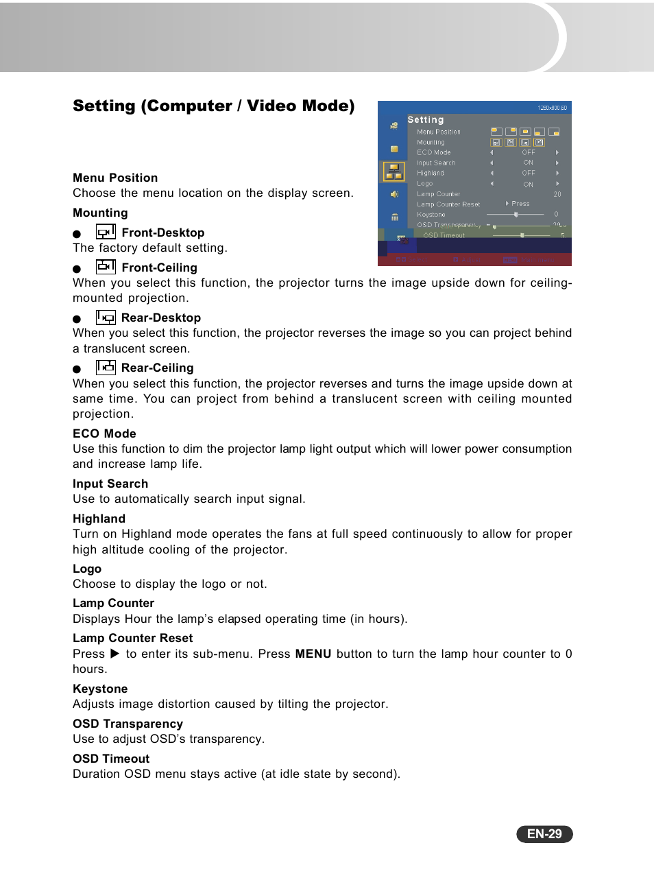 Setting (computer / video mode) | Fisher PLC-WXU10N User Manual | Page 30 / 42