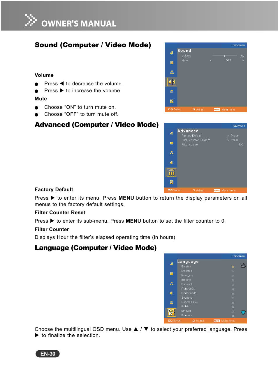 Sound (computer / video mode), Advanced (computer / video mode), Language (computer / video mode) | Fisher PLC-WXU10N User Manual | Page 31 / 42