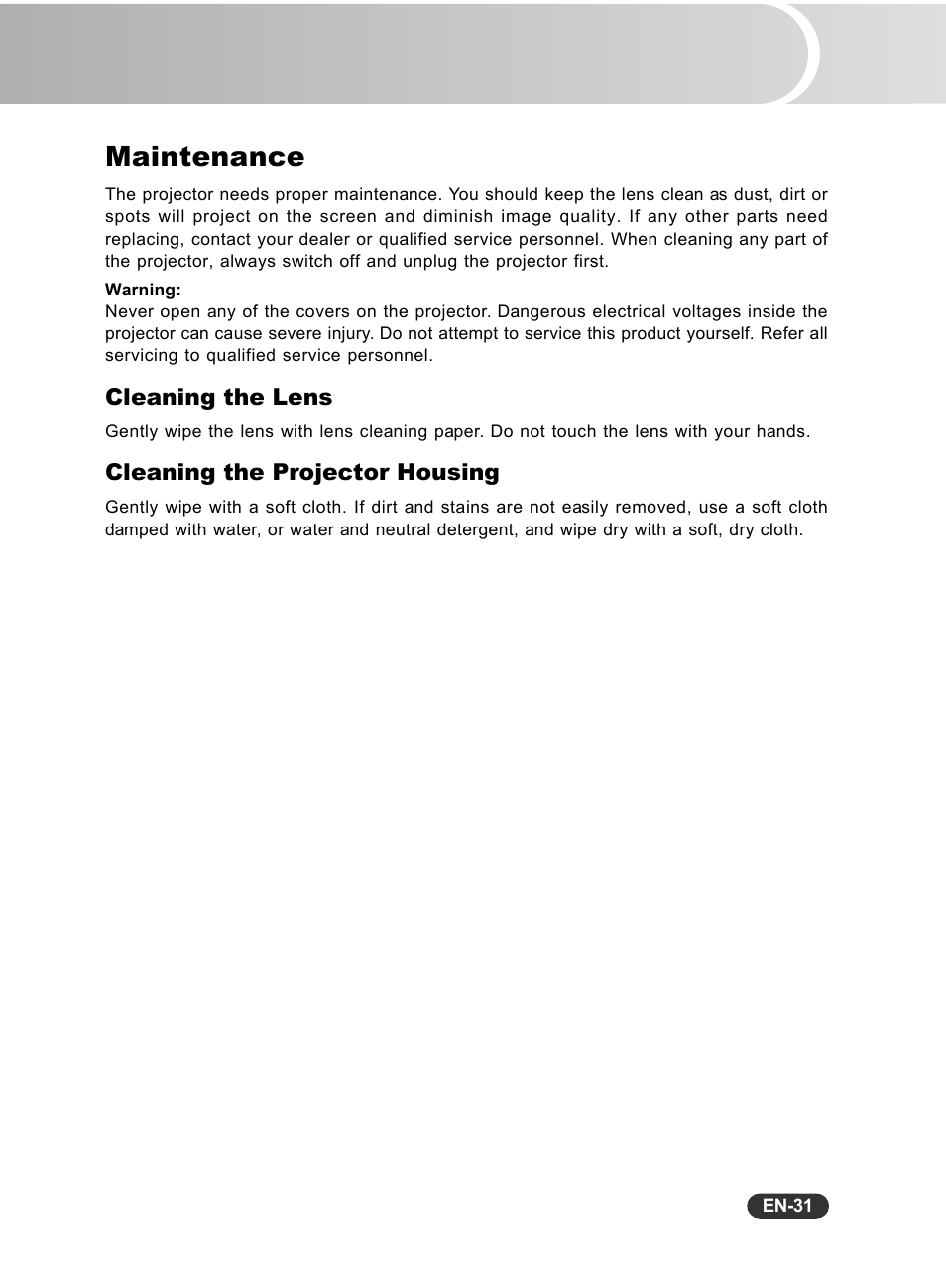 Maintenance, Cleaning the lens, Cleaning the projector housing | Fisher PLC-WXU10N User Manual | Page 32 / 42