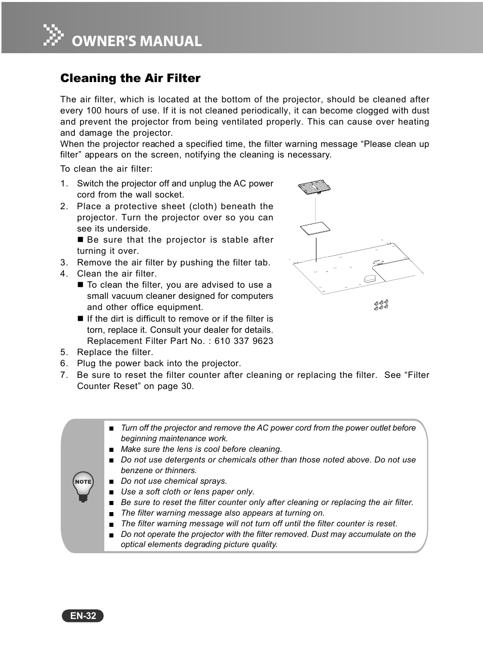 Cleaning the air filter | Fisher PLC-WXU10N User Manual | Page 33 / 42