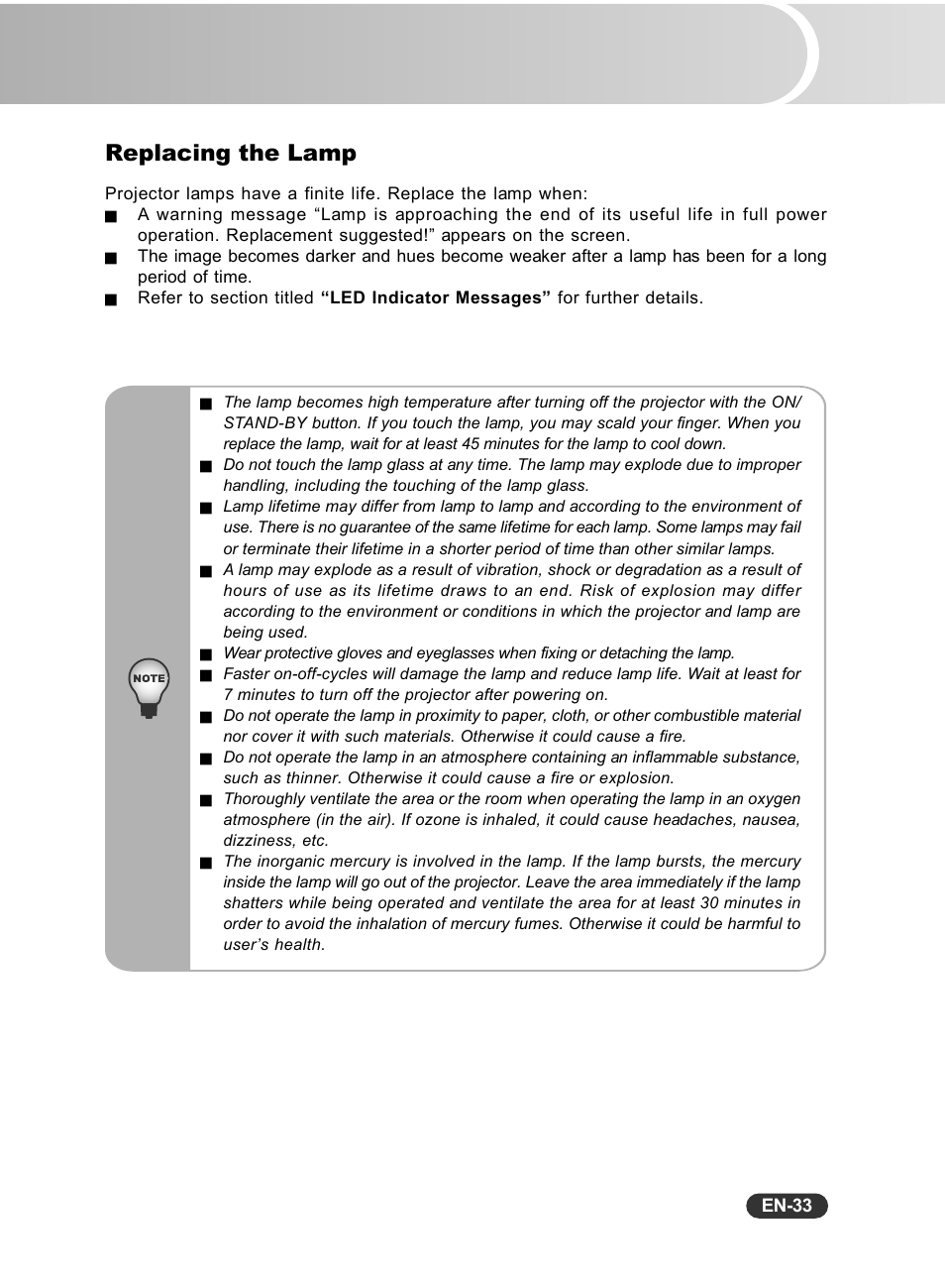 Replacing the lamp | Fisher PLC-WXU10N User Manual | Page 34 / 42
