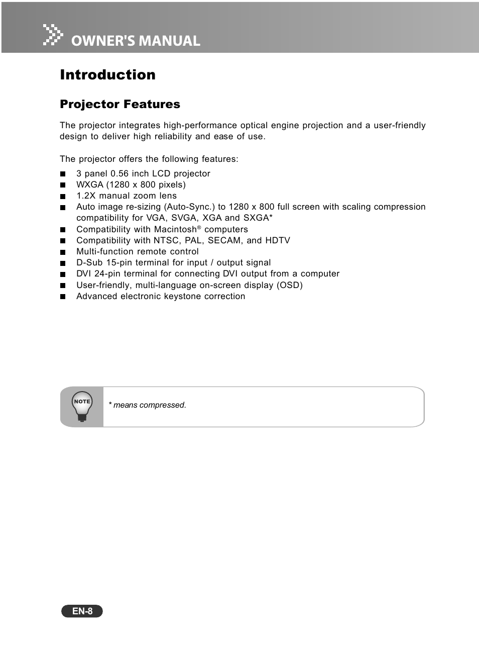 Introduction, Projector features | Fisher PLC-WXU10N User Manual | Page 9 / 42
