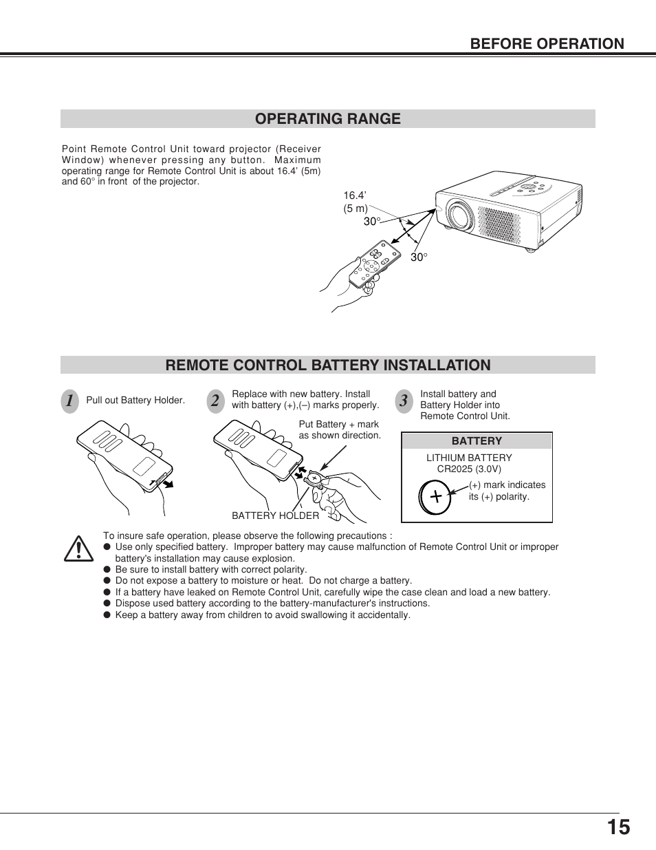 Before operation, Remote control battery installation, Operating range | Fisher PLC-XW20A User Manual | Page 15 / 44