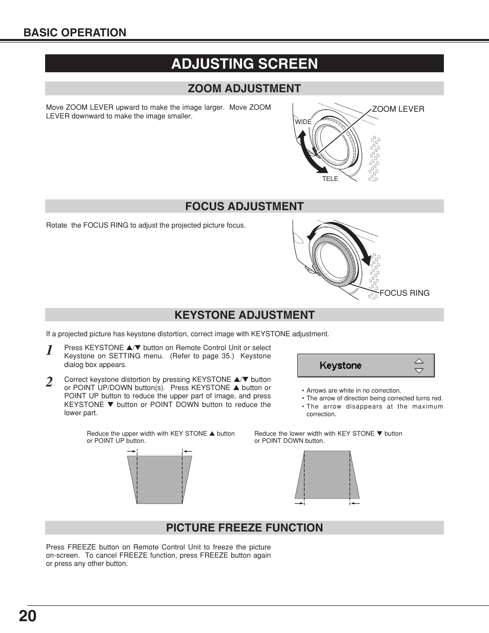 Adjusting screen, Picture freeze function keystone adjustment, Basic operation | Zoom adjustment focus adjustment | Fisher PLC-XW20A User Manual | Page 20 / 44