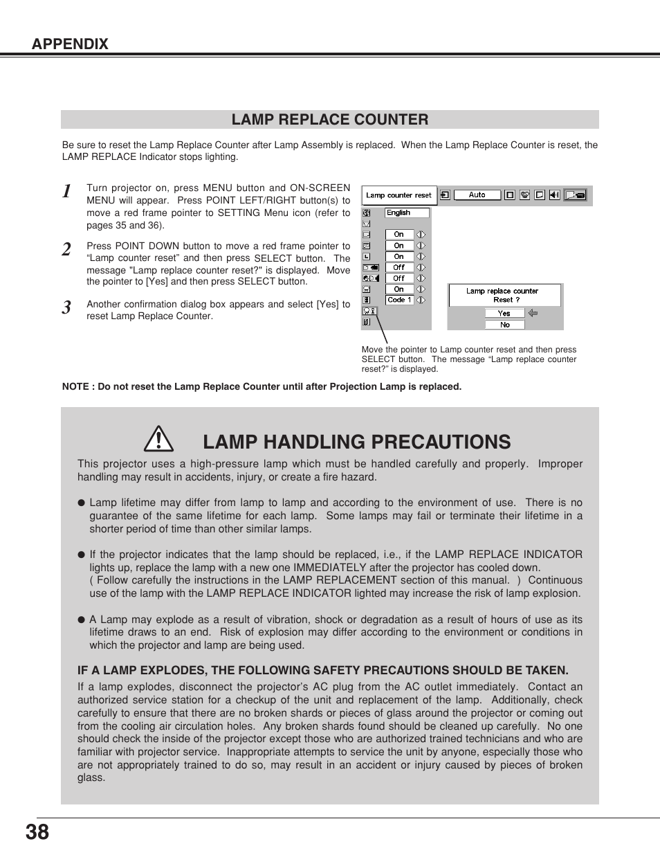 Lamp handling precautions | Fisher PLC-XW20A User Manual | Page 38 / 44
