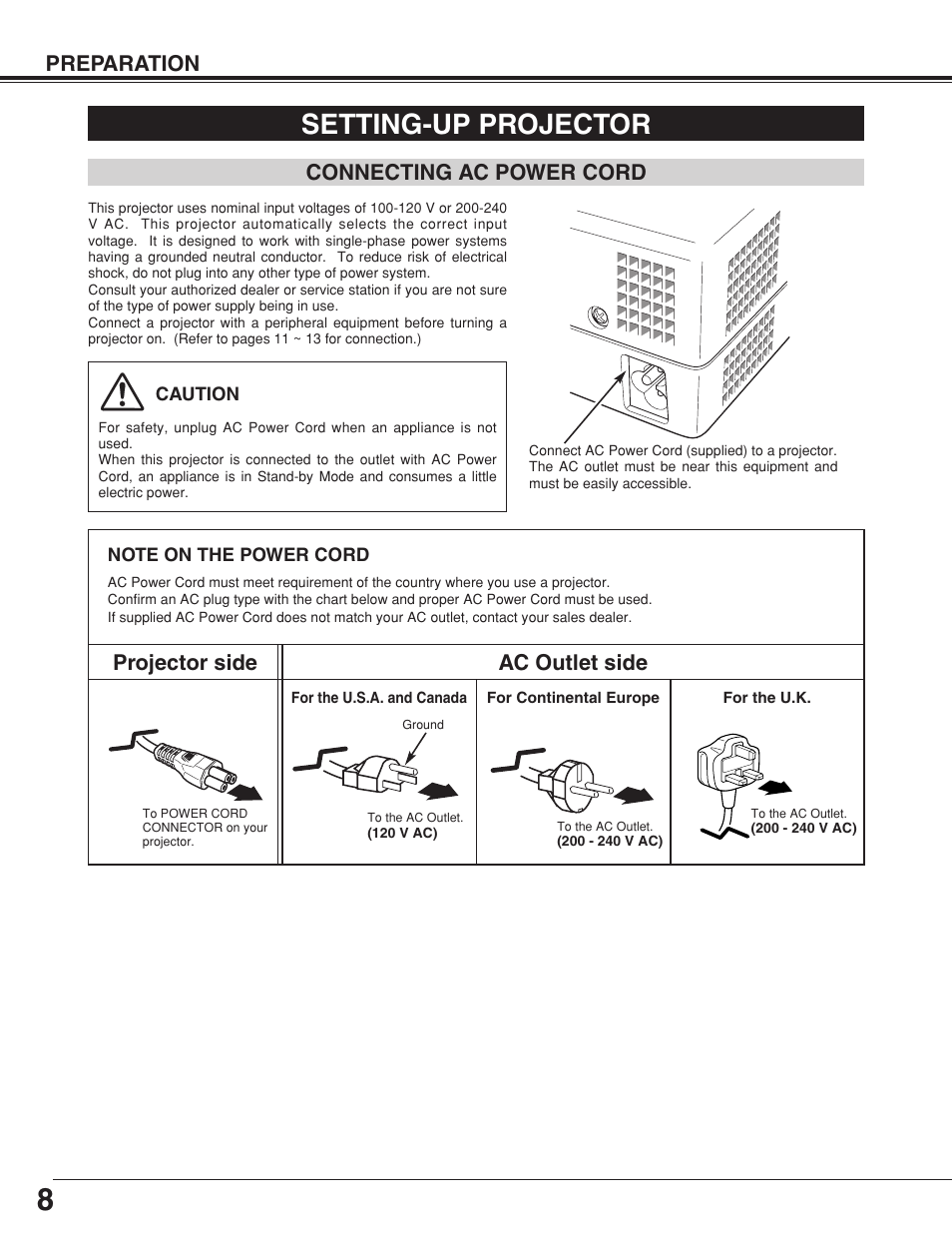 Setting-up projector, Preparation, Projector side ac outlet side | Connecting ac power cord | Fisher PLC-XW20A User Manual | Page 8 / 44