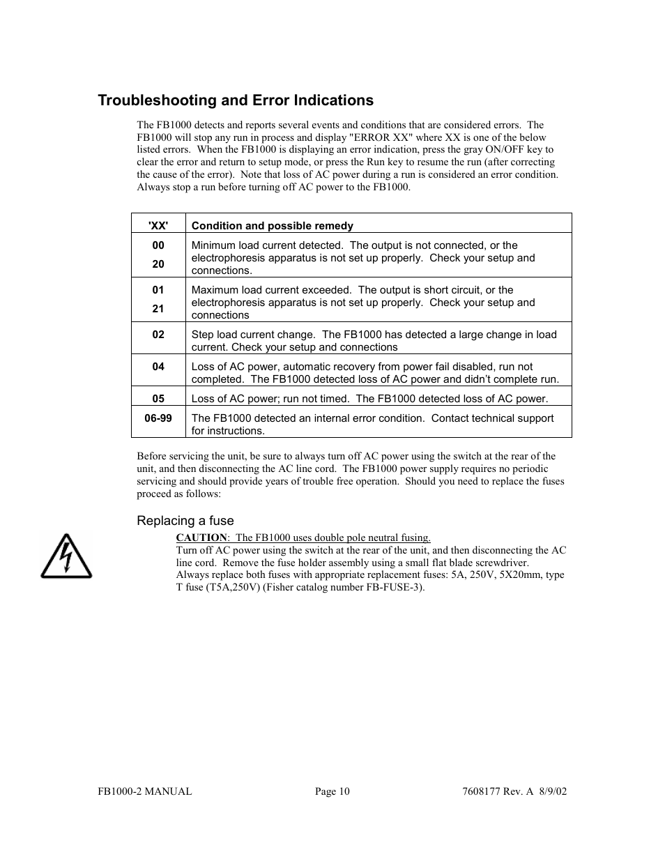 Troubleshooting and error indications | Fisher FB1000-2 User Manual | Page 11 / 50