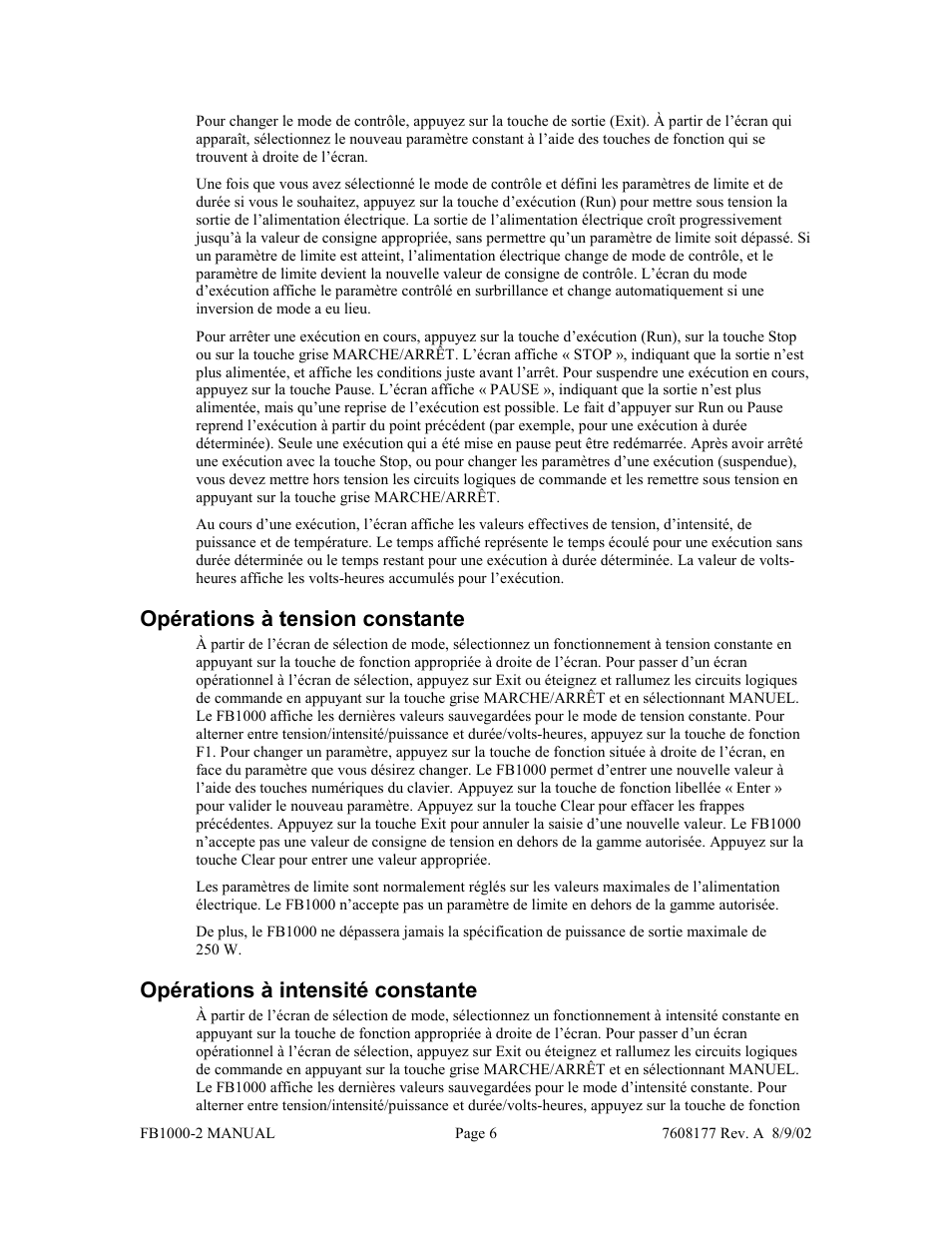 Opérations à tension constante, Opérations à intensité constante | Fisher FB1000-2 User Manual | Page 18 / 50