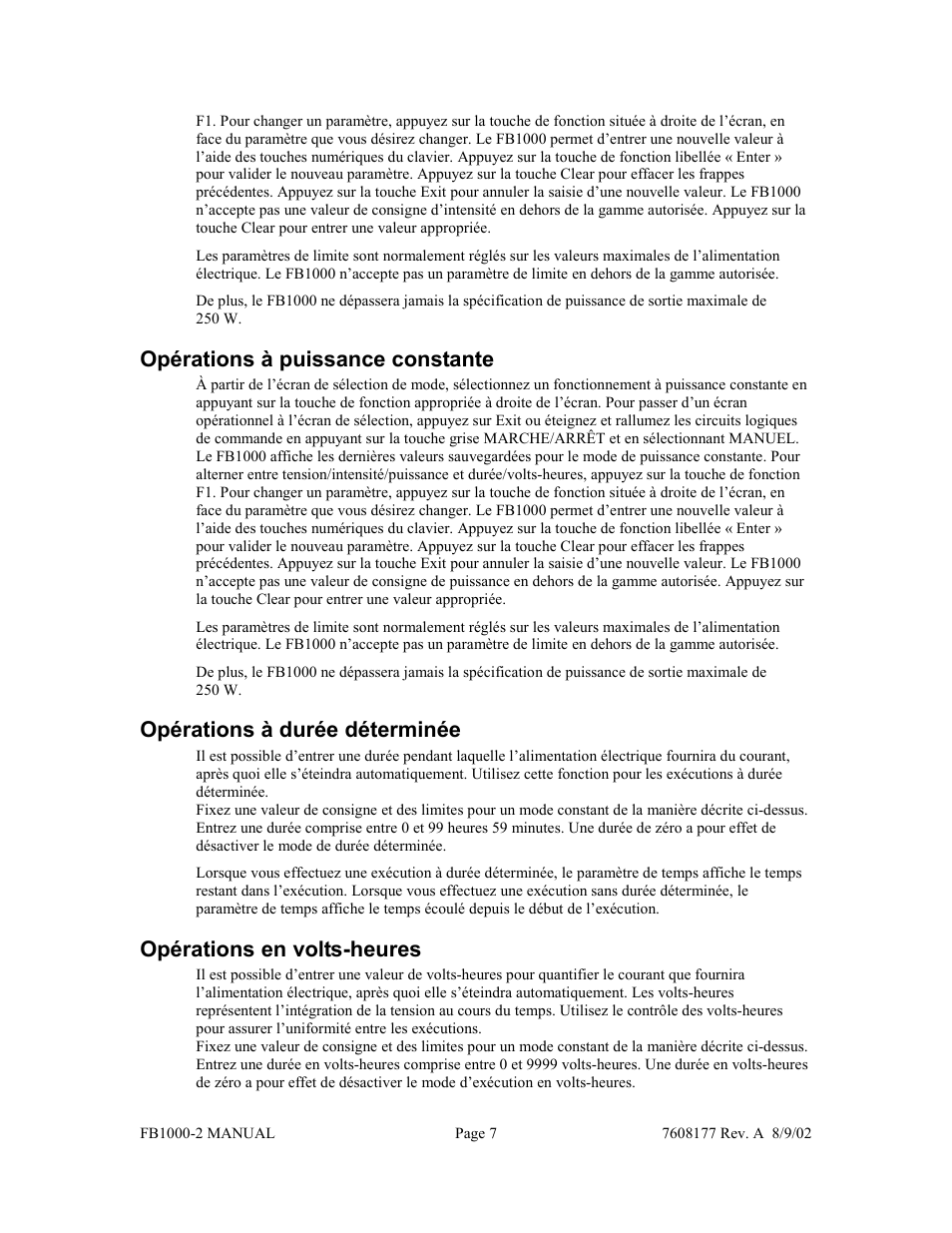 Opérations à puissance constante, Opérations à durée déterminée, Opérations en volts-heures | Fisher FB1000-2 User Manual | Page 19 / 50