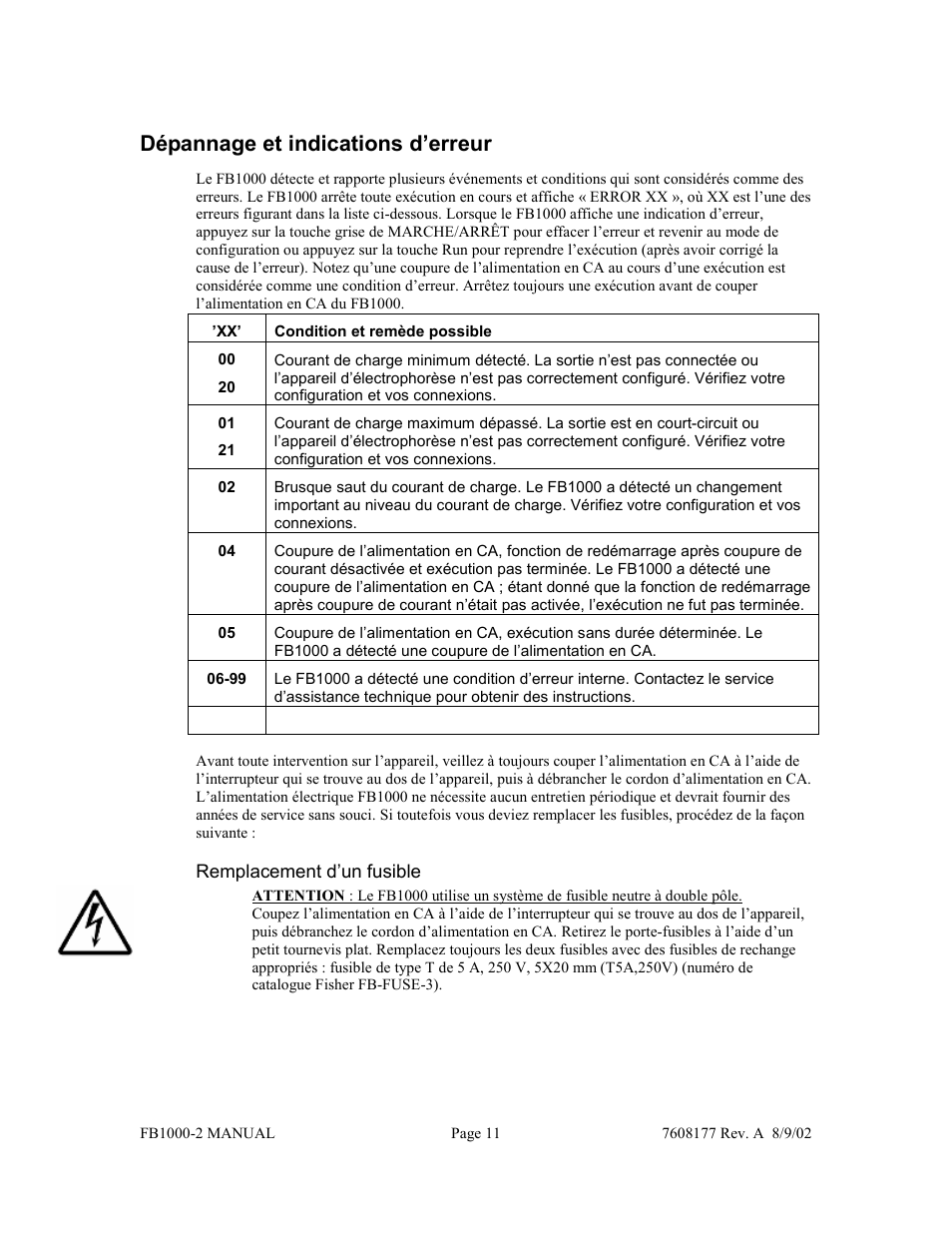 Dépannage et indications d’erreur | Fisher FB1000-2 User Manual | Page 23 / 50
