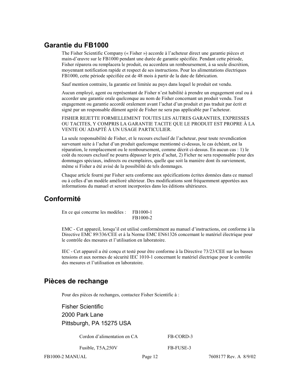 Garantie du fb1000, Conformité, Pièces de rechange | Fisher FB1000-2 User Manual | Page 24 / 50