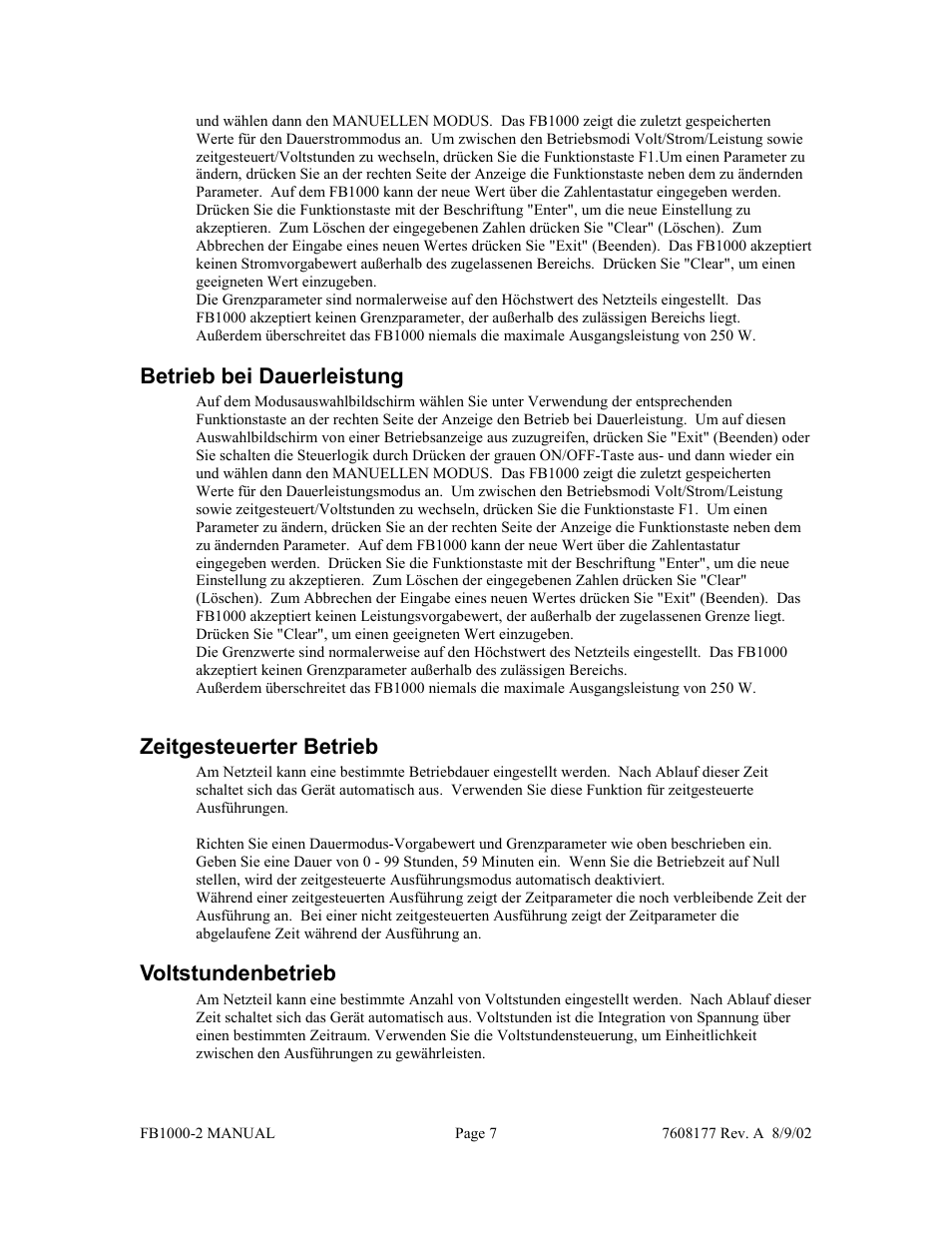 Betrieb bei dauerleistung, Zeitgesteuerter betrieb, Voltstundenbetrieb | Fisher FB1000-2 User Manual | Page 31 / 50