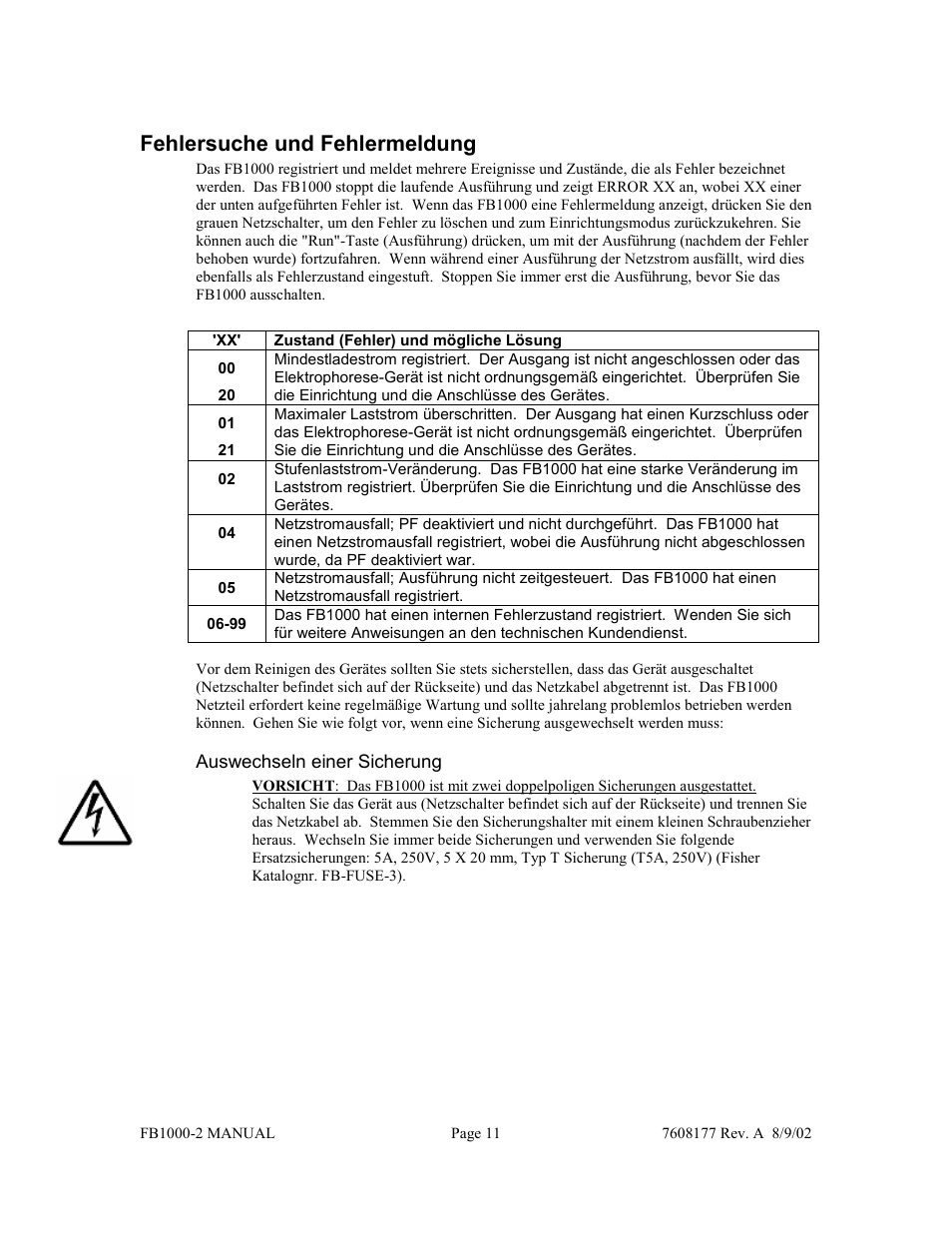 Fehlersuche und fehlermeldung | Fisher FB1000-2 User Manual | Page 35 / 50