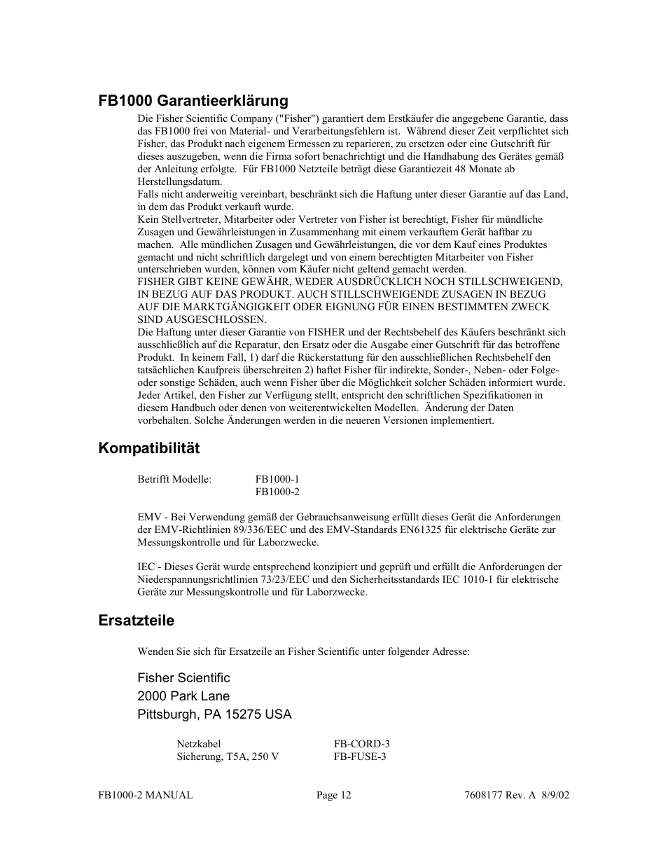 Fb1000 garantieerklärung, Kompatibilität, Ersatzteile | Fisher FB1000-2 User Manual | Page 36 / 50