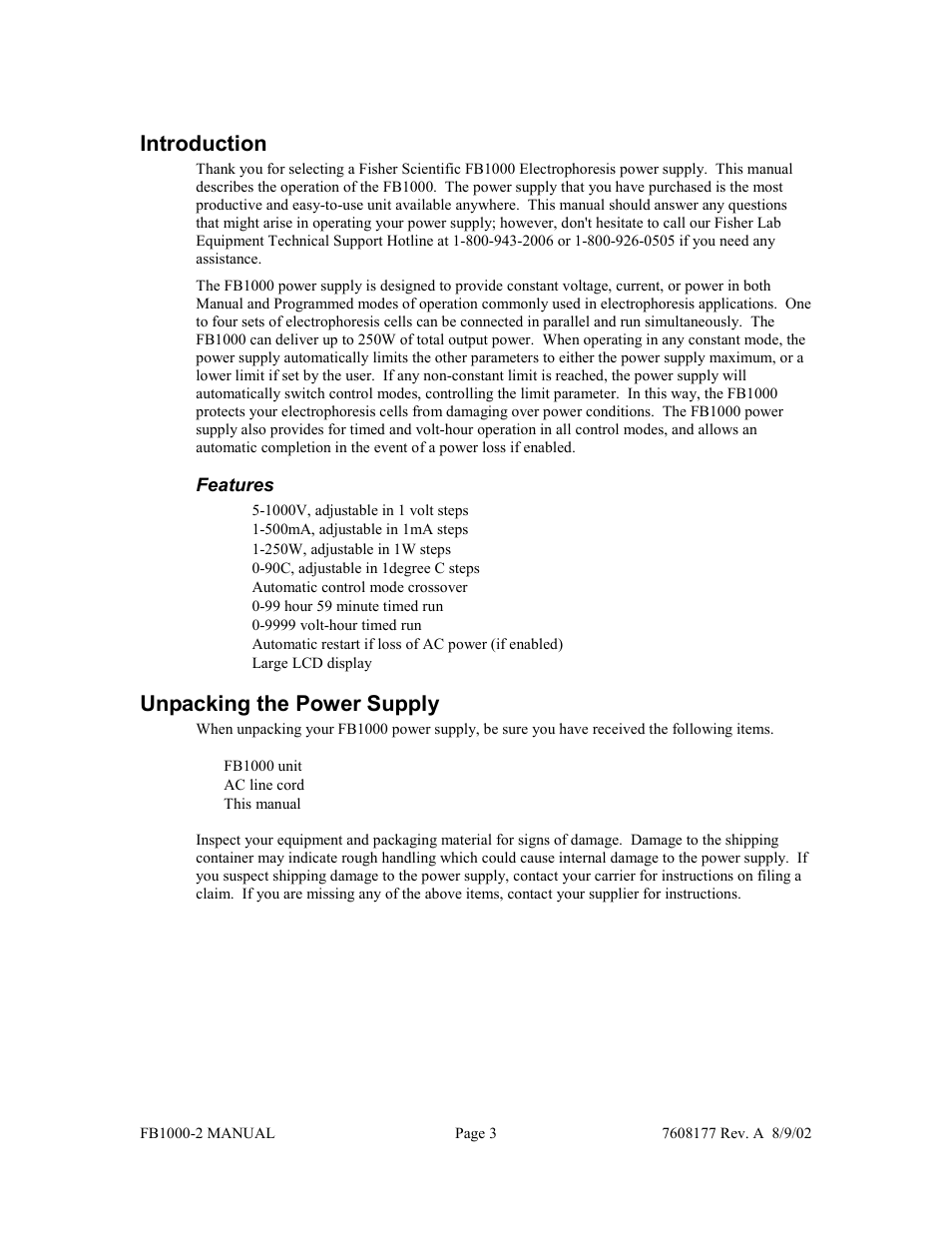 Introduction, Unpacking the power supply | Fisher FB1000-2 User Manual | Page 4 / 50