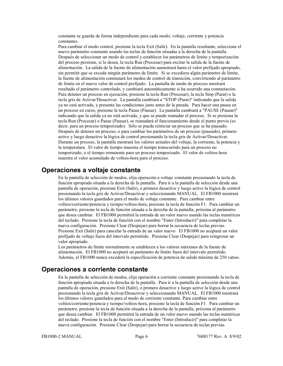 Operaciones a voltaje constante, Operaciones a corriente constante | Fisher FB1000-2 User Manual | Page 42 / 50