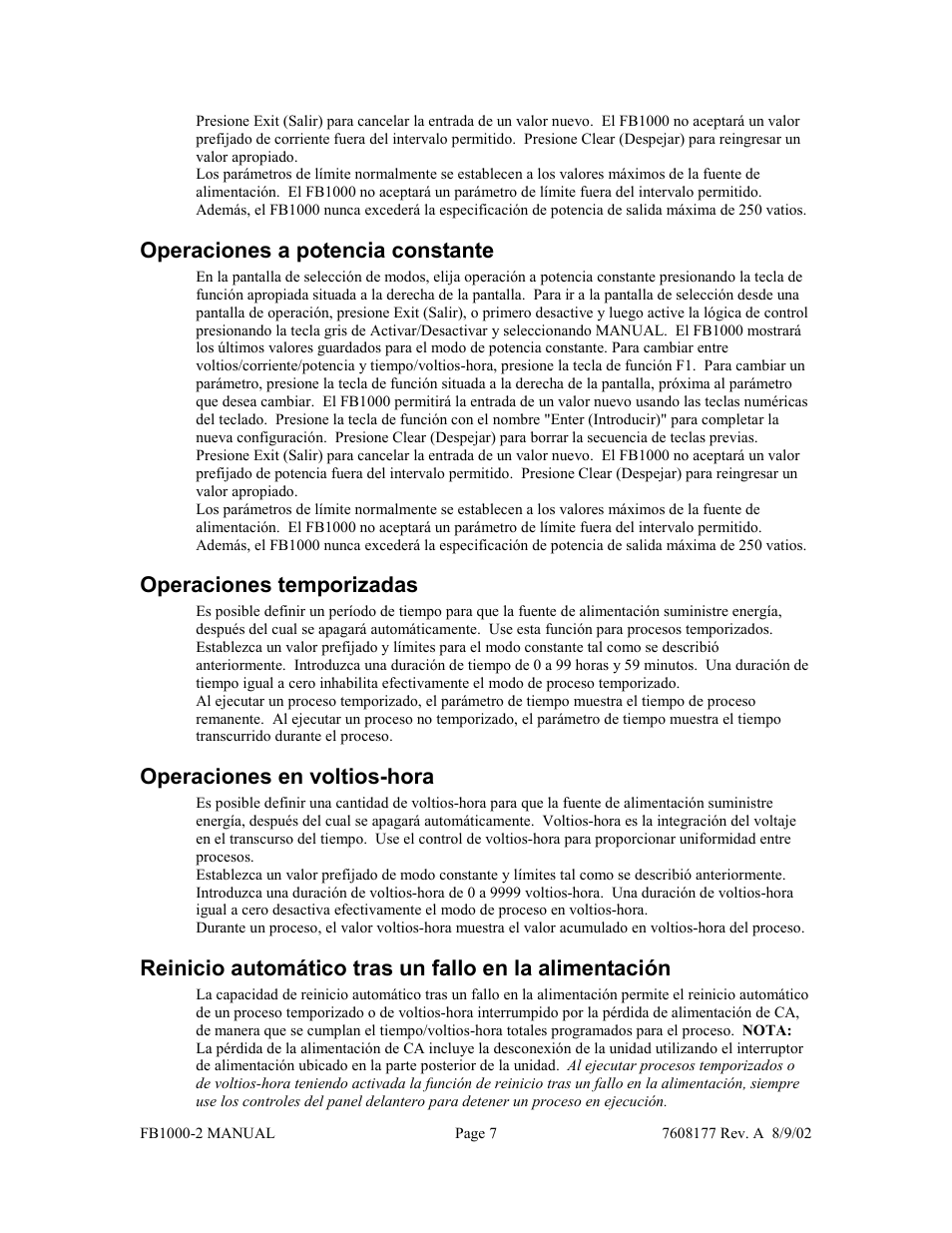Operaciones a potencia constante, Operaciones temporizadas, Operaciones en voltios-hora | Fisher FB1000-2 User Manual | Page 43 / 50