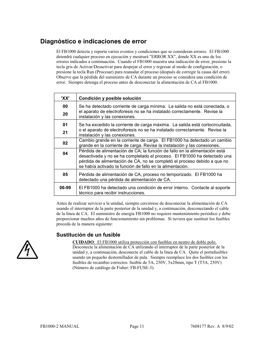 Diagnóstico e indicaciones de error | Fisher FB1000-2 User Manual | Page 47 / 50
