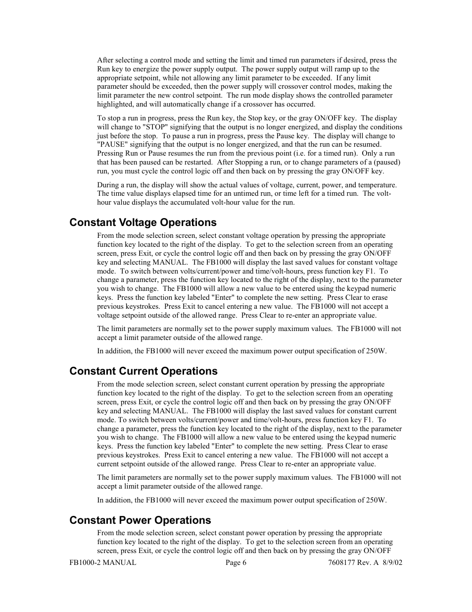 Constant voltage operations, Constant current operations, Constant power operations | Fisher FB1000-2 User Manual | Page 7 / 50