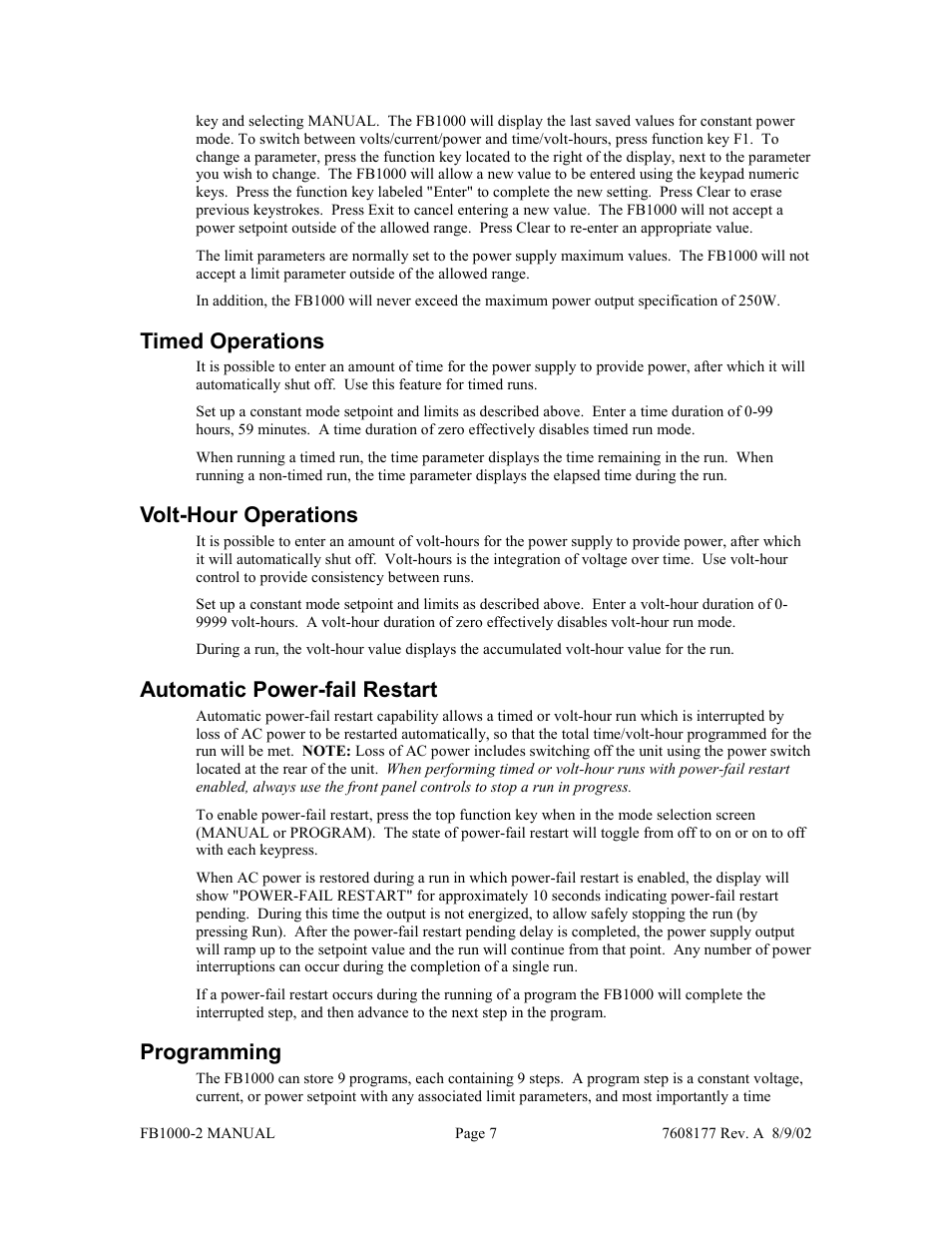 Timed operations, Volt-hour operations, Automatic power-fail restart | Programming | Fisher FB1000-2 User Manual | Page 8 / 50