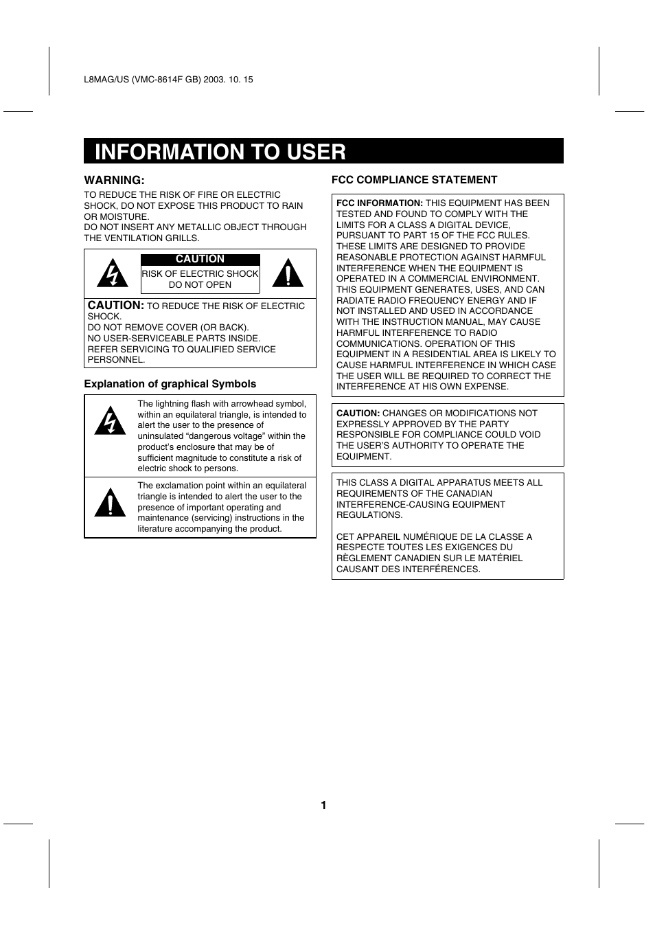 Information to user | Fisher VMC-8614F User Manual | Page 2 / 12