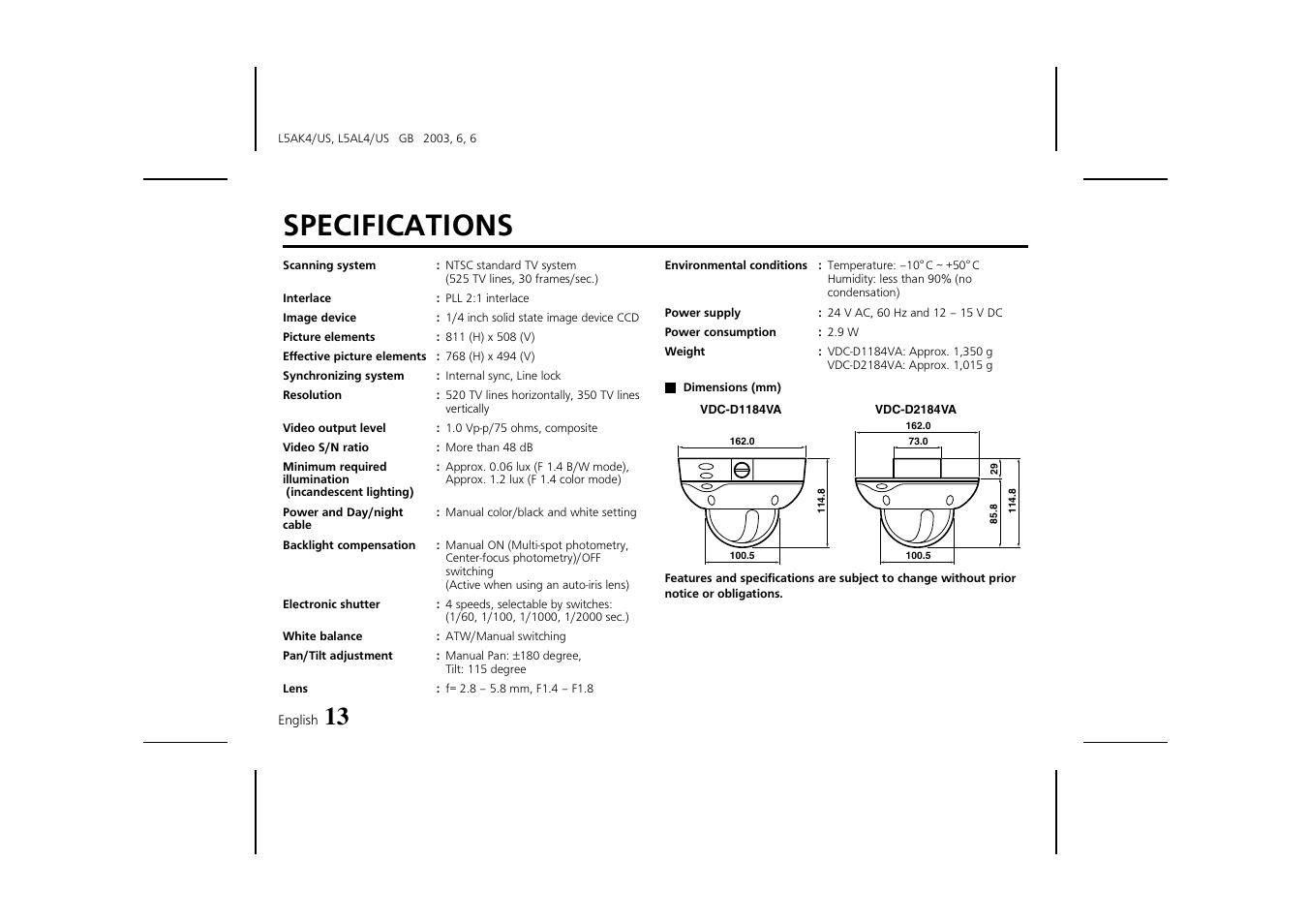 Specifications | Fisher VDC-D2184VA User Manual | Page 14 / 16