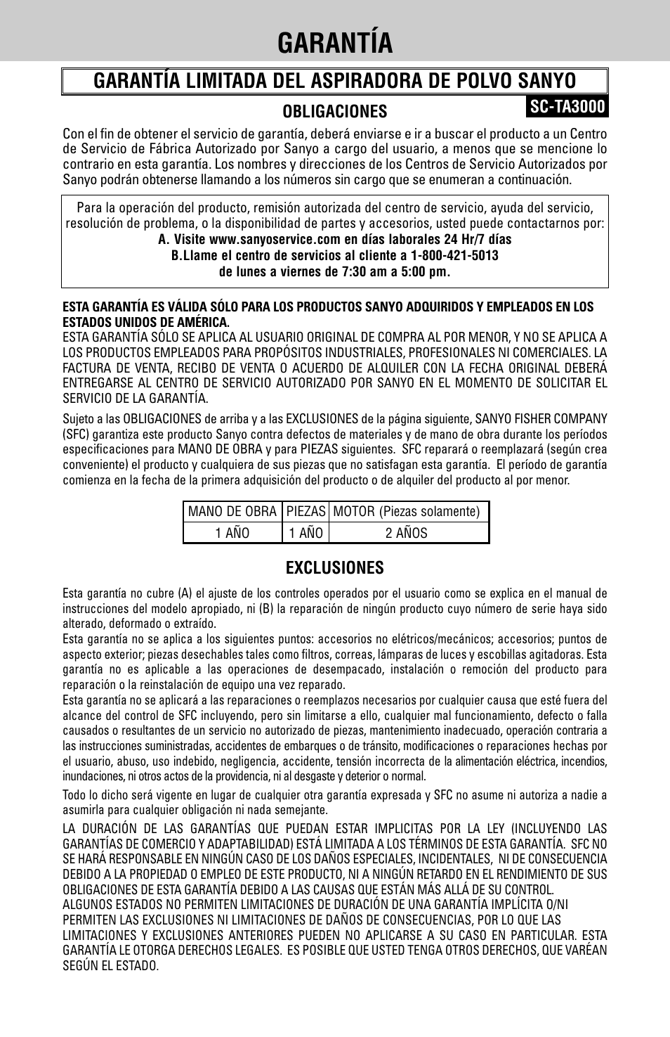 Garantía, Garantía limitada del aspiradora de polvo sanyo | Fisher SC-TA3000 User Manual | Page 21 / 22