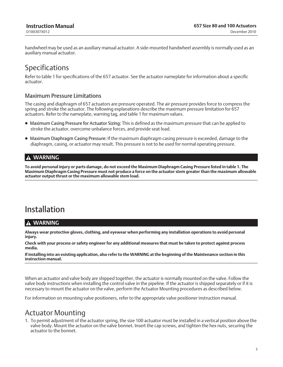 Installation, Specifications, Actuator mounting | Fisher 657 User Manual | Page 3 / 24